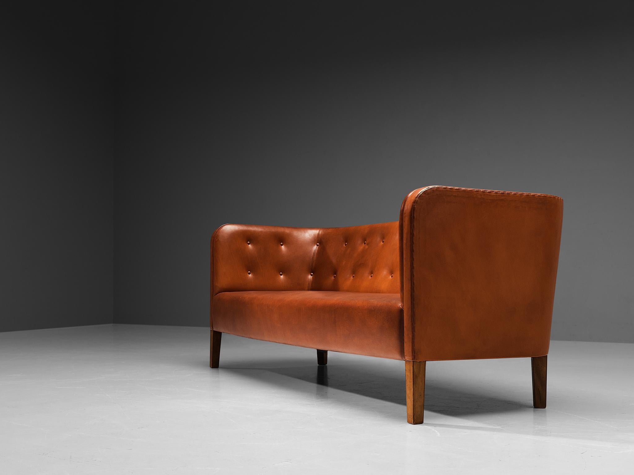 Danish Jacob Kjaer Sofa in Patinated Reddish Brown Leather and Mahogany For Sale