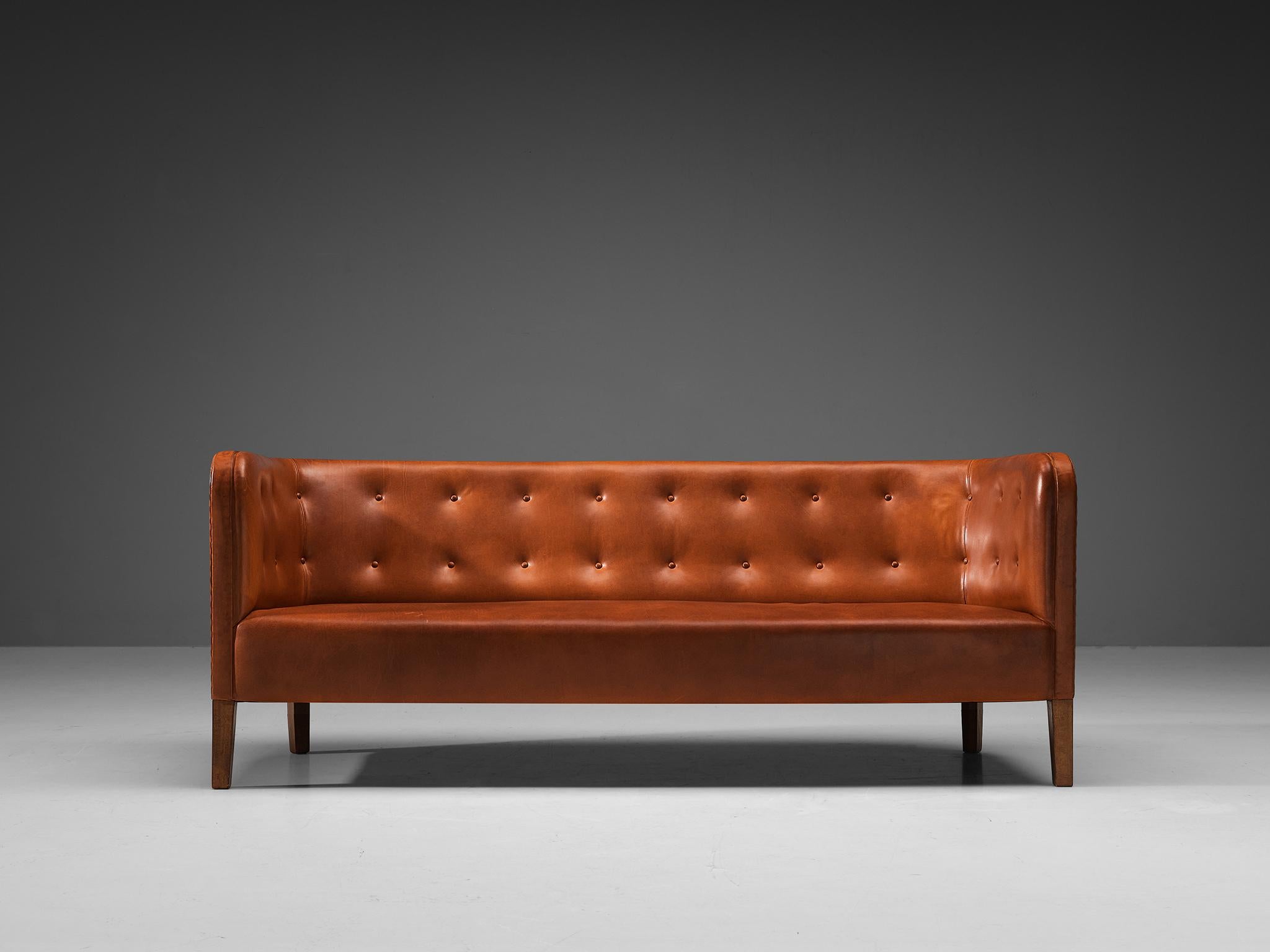Jacob Kjaer Sofa in Patinated Reddish Brown Leather and Mahogany In Good Condition For Sale In Waalwijk, NL