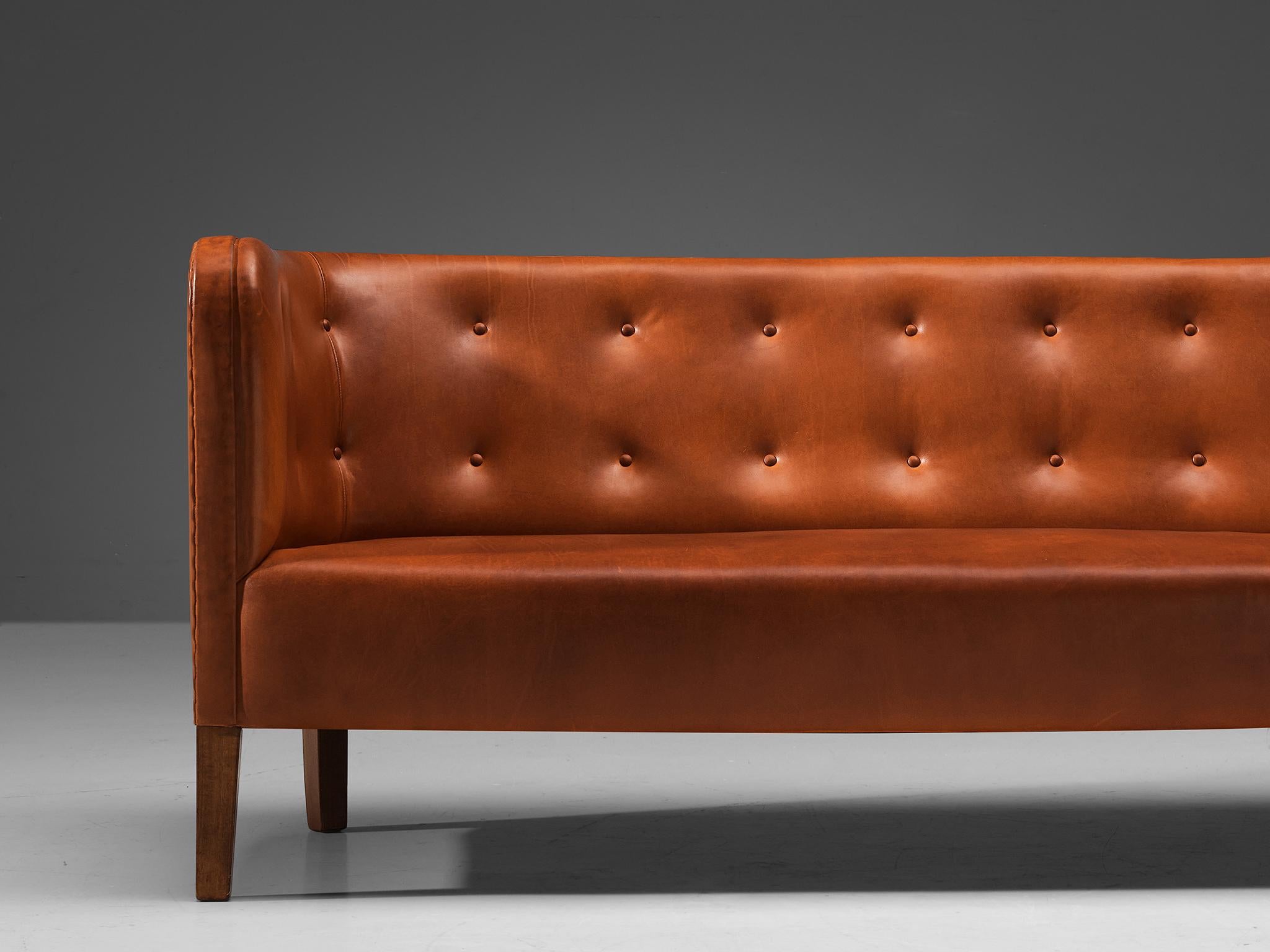 Mid-20th Century Jacob Kjaer Sofa in Patinated Reddish Brown Leather and Mahogany For Sale