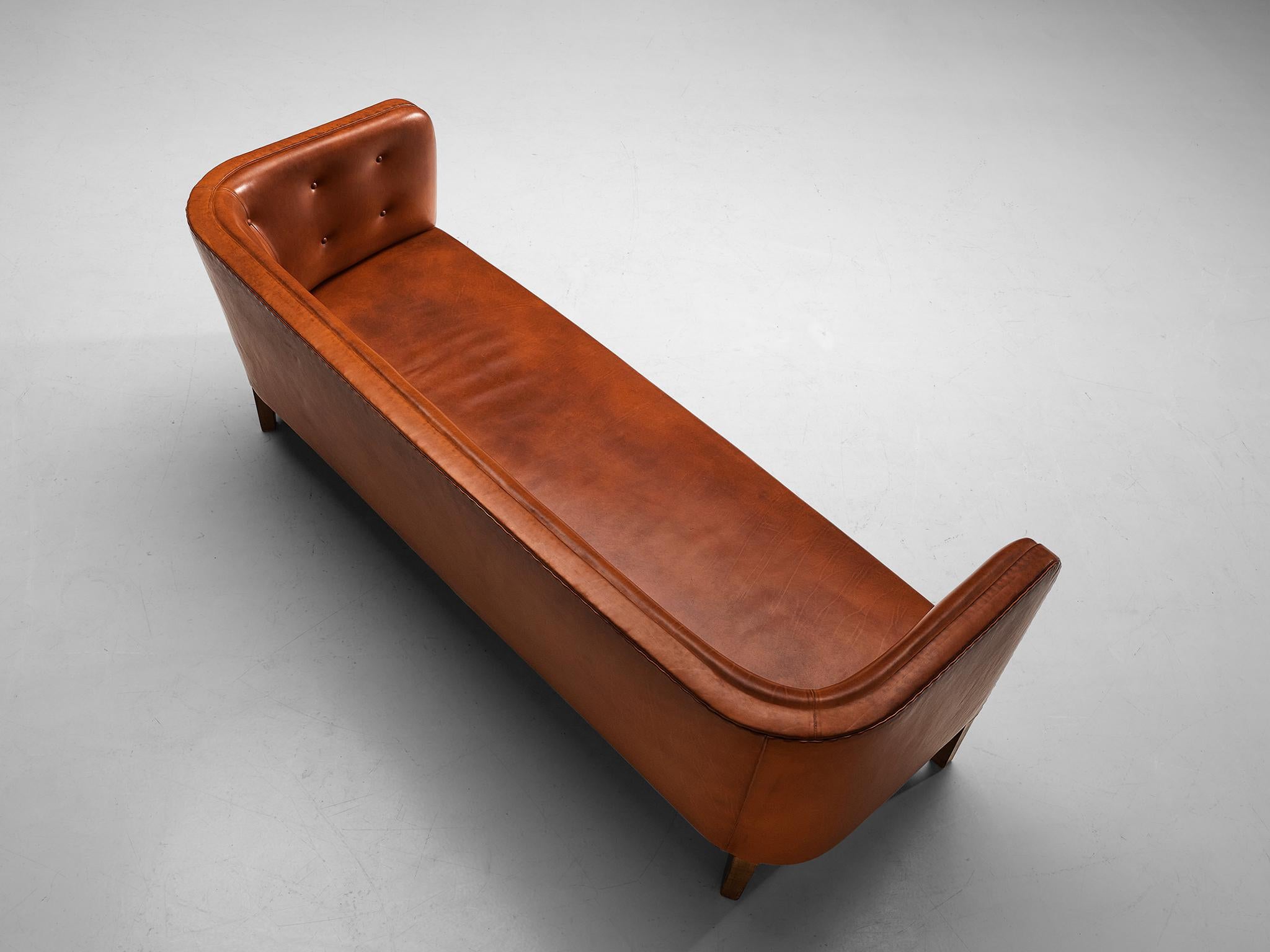 Jacob Kjaer Sofa in Patinated Reddish Brown Leather and Mahogany For Sale 1