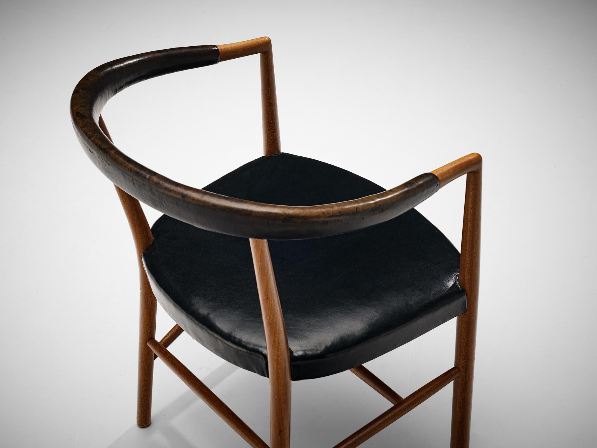 Danish Jacob Kjær 'UN' Armchairs with Original Black Leather and Mahogany  For Sale
