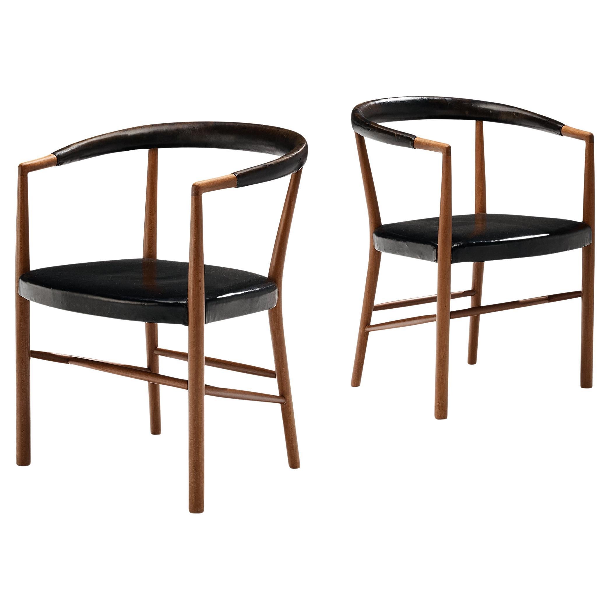 Jacob Kjær 'UN' Armchairs with Original Black Leather and Mahogany 