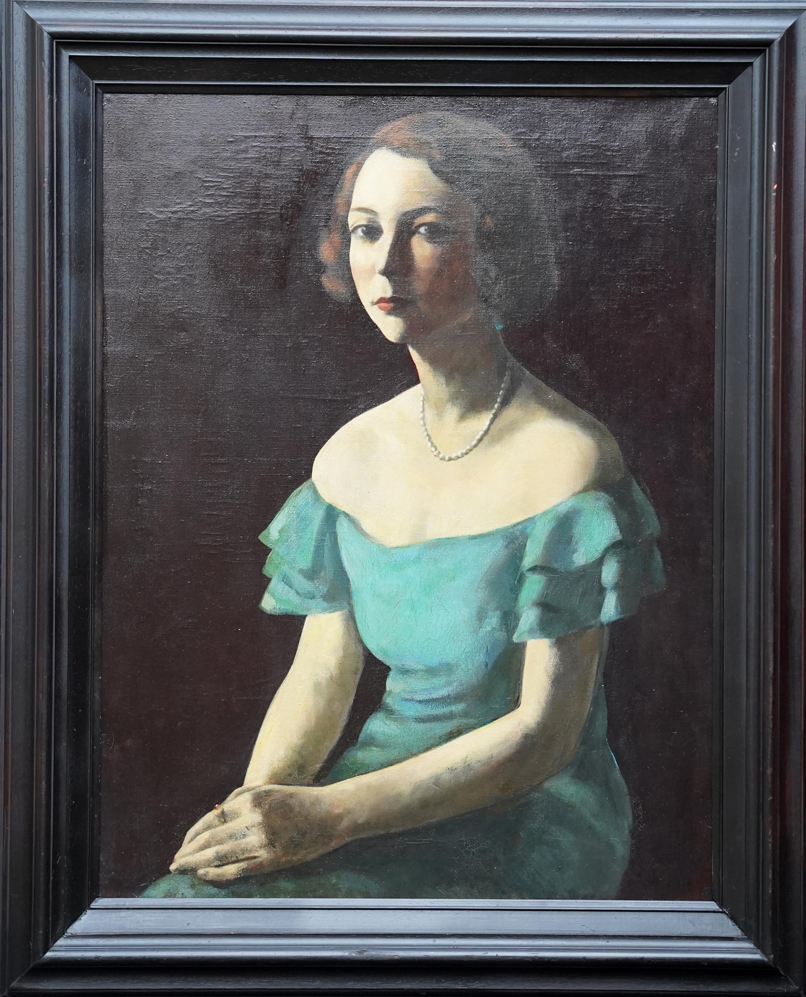 Portrait of Hilda Wilkinson in Green Dress - Jewish 20's Slade art oil painting For Sale 8