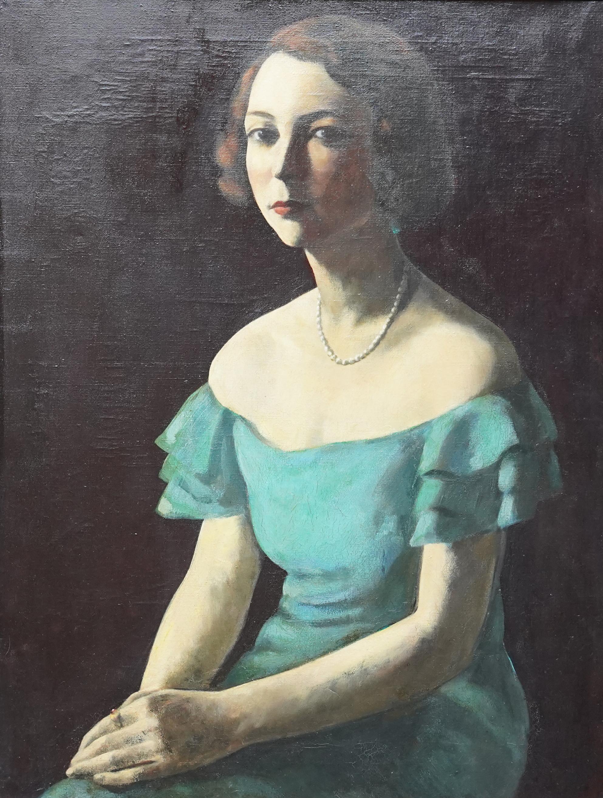 Portrait of Hilda Wilkinson in Green Dress - Jewish 20's Slade art oil painting - Painting by JACOB KRAMER