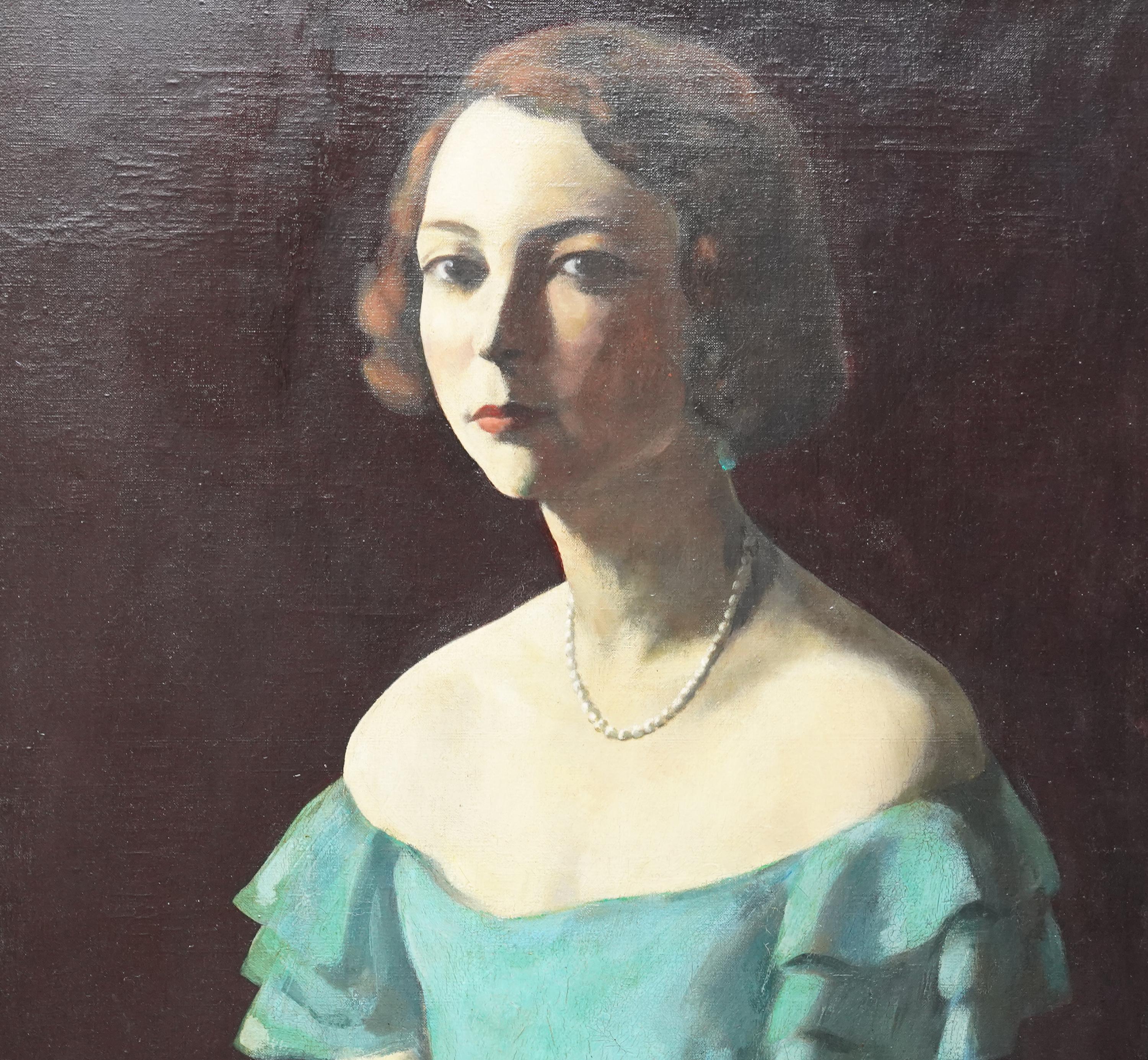 Portrait of Hilda Wilkinson in Green Dress - Jewish 20's Slade art oil painting - Art Deco Painting by JACOB KRAMER