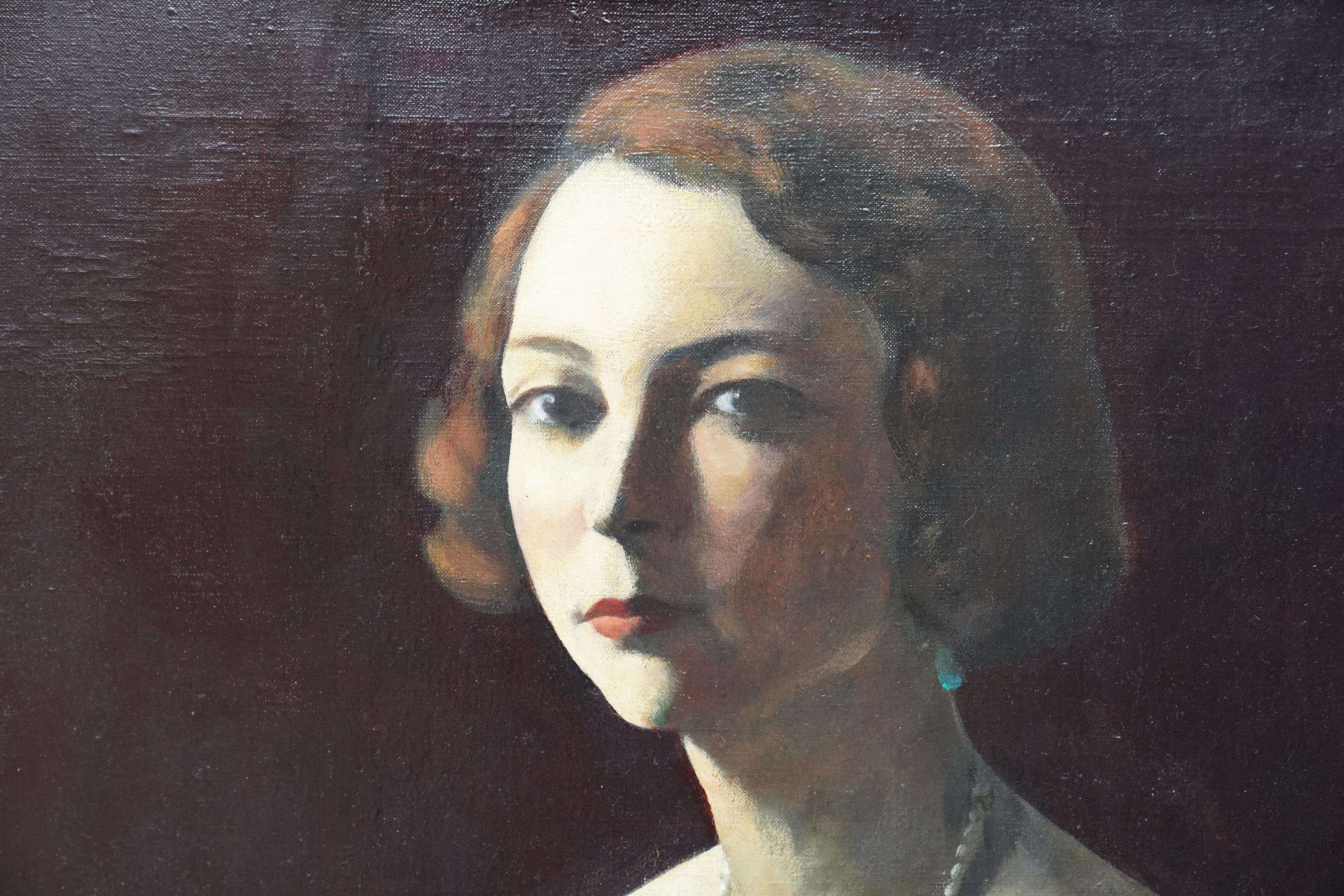 Portrait of Hilda Wilkinson in Green Dress - Jewish 20's Slade art oil painting - Black Portrait Painting by JACOB KRAMER