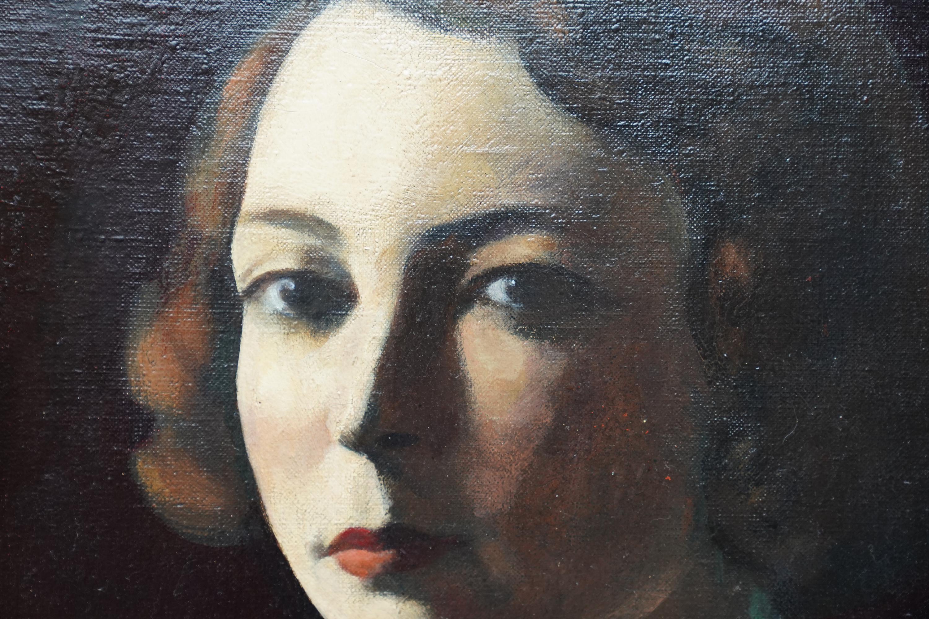 Portrait of Hilda Wilkinson in Green Dress - Jewish 20's Slade art oil painting For Sale 1