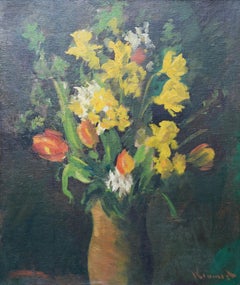 Spring Flowers in Vase - British Forties exh. art floral still life oil painting