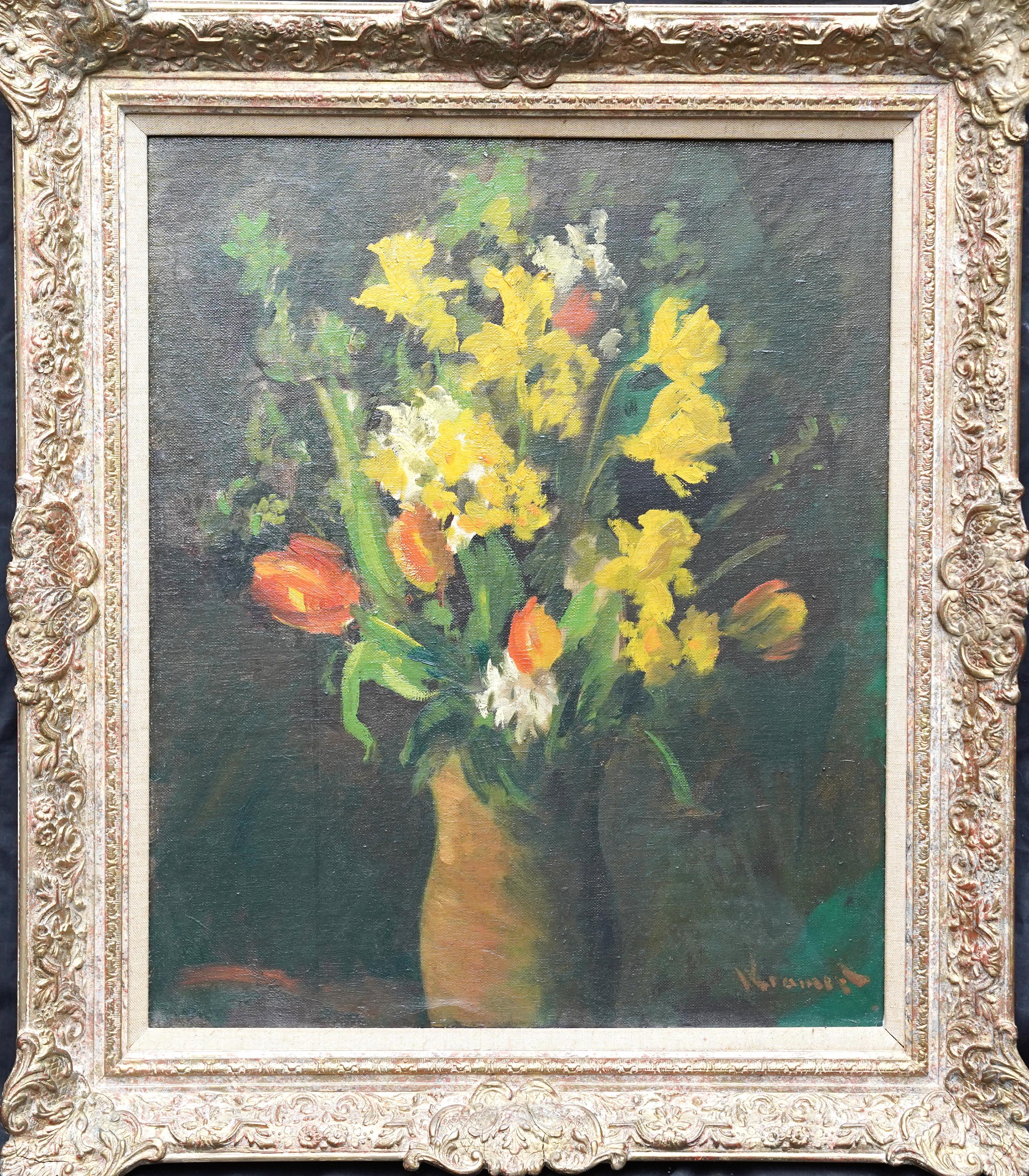 Spring Flowers in Vase - British Forties exh. art floral still life oil painting