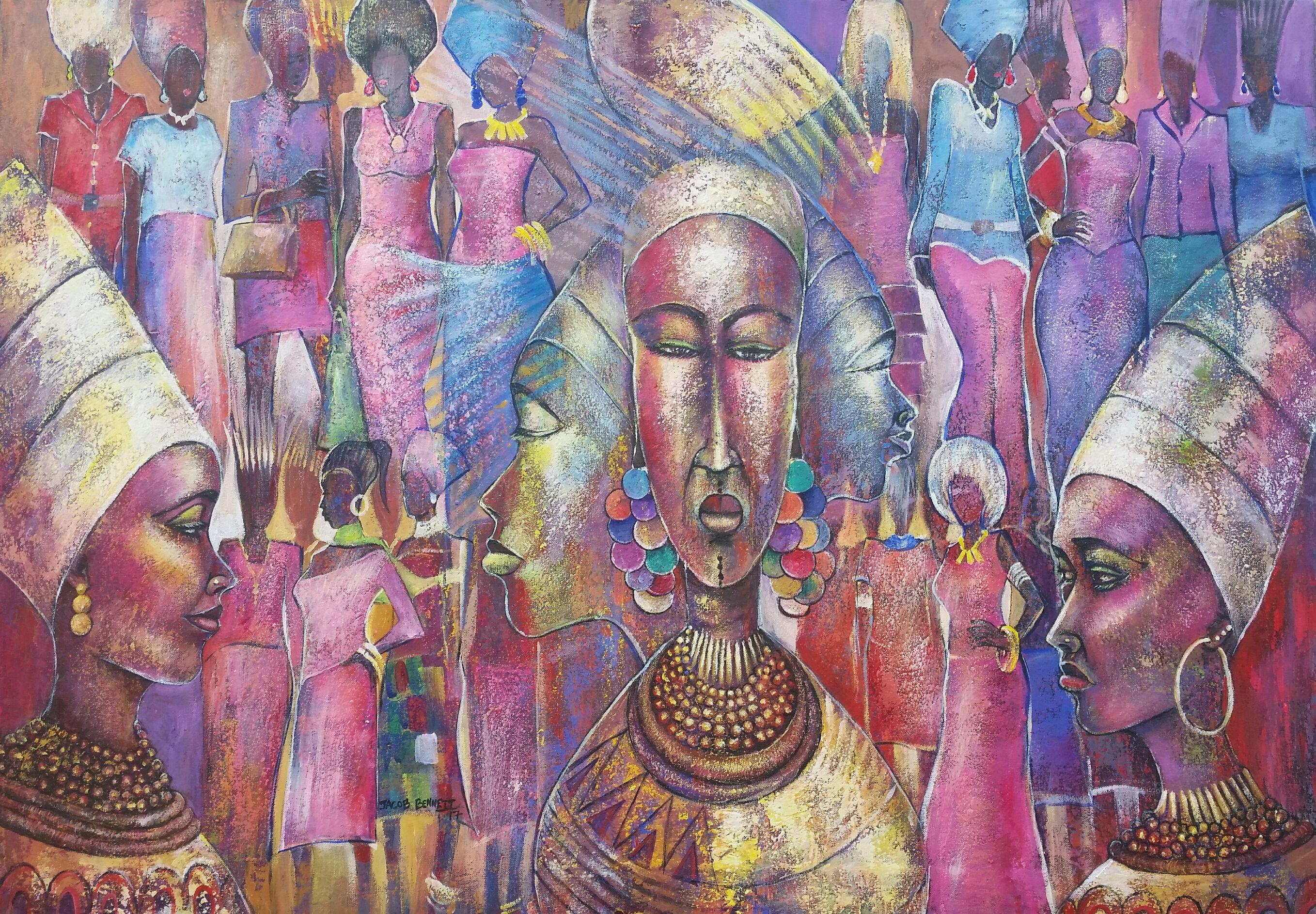 A parade of models have been depicted in this painting displaying their beauty,attire and jewellery. Its show time and every model is at her best showing her beauty ,body shape,attire and expensive jewellery. A few faces have been made to stand