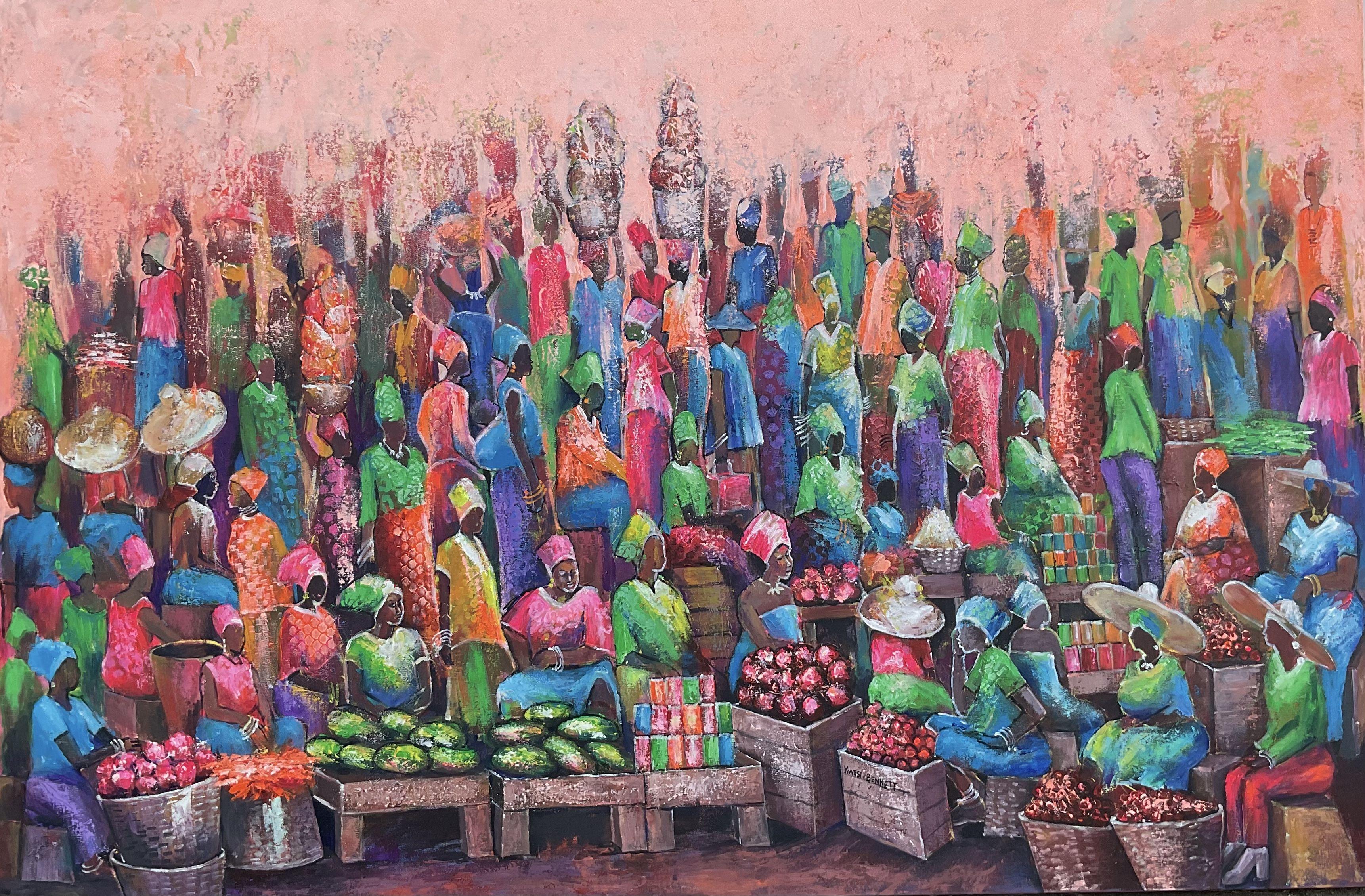 This is a busy market scene in most African countries. While painting, Kwesi Bennettâ€™s interest was not in capturing details, but rather in the movement of the crowd, the mood of the crowd, the individual posture and the variety of colours and