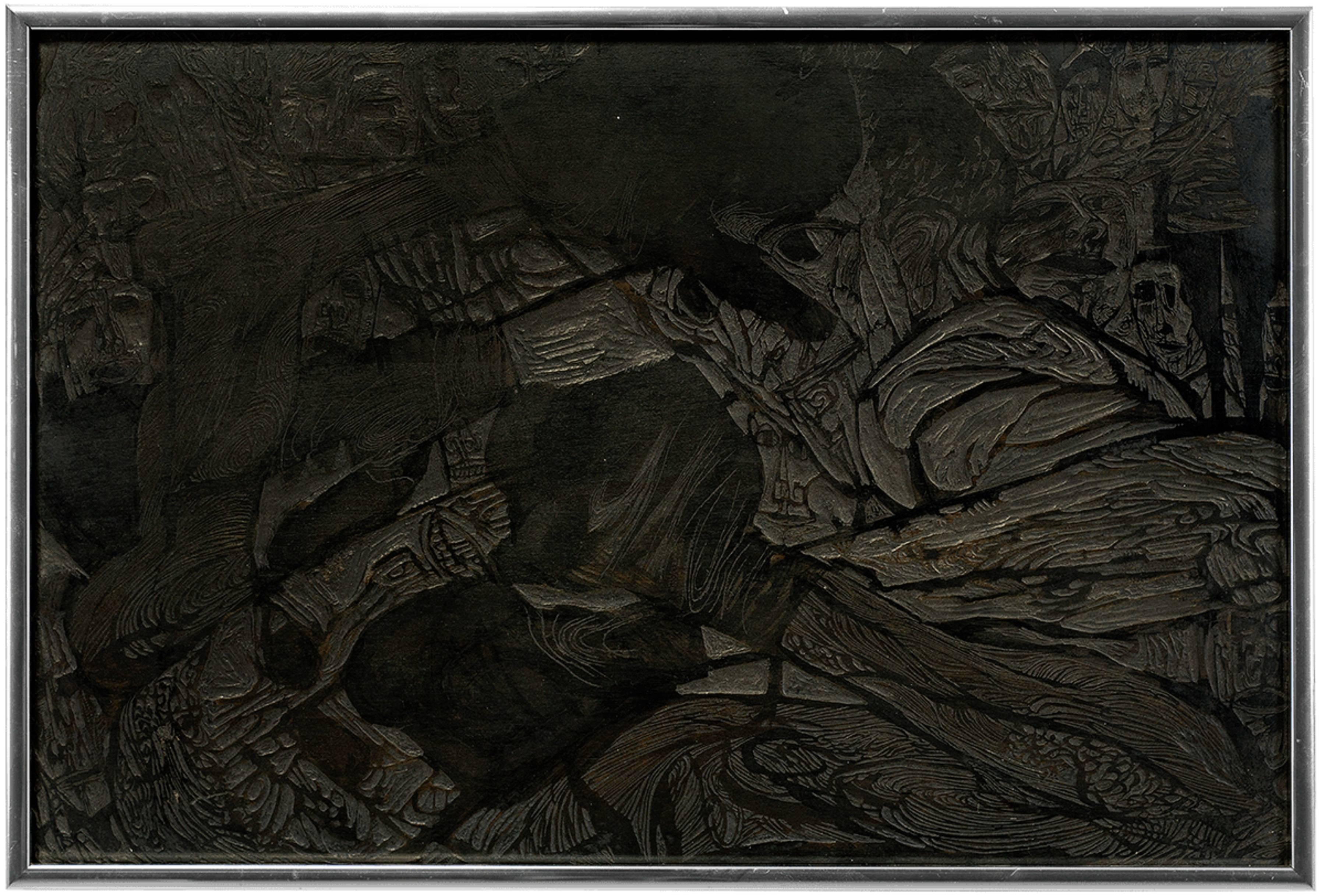 Figurative Sculpture Jacob Landau - "Boxe", Sculpture en relief en bois sculpté vintage