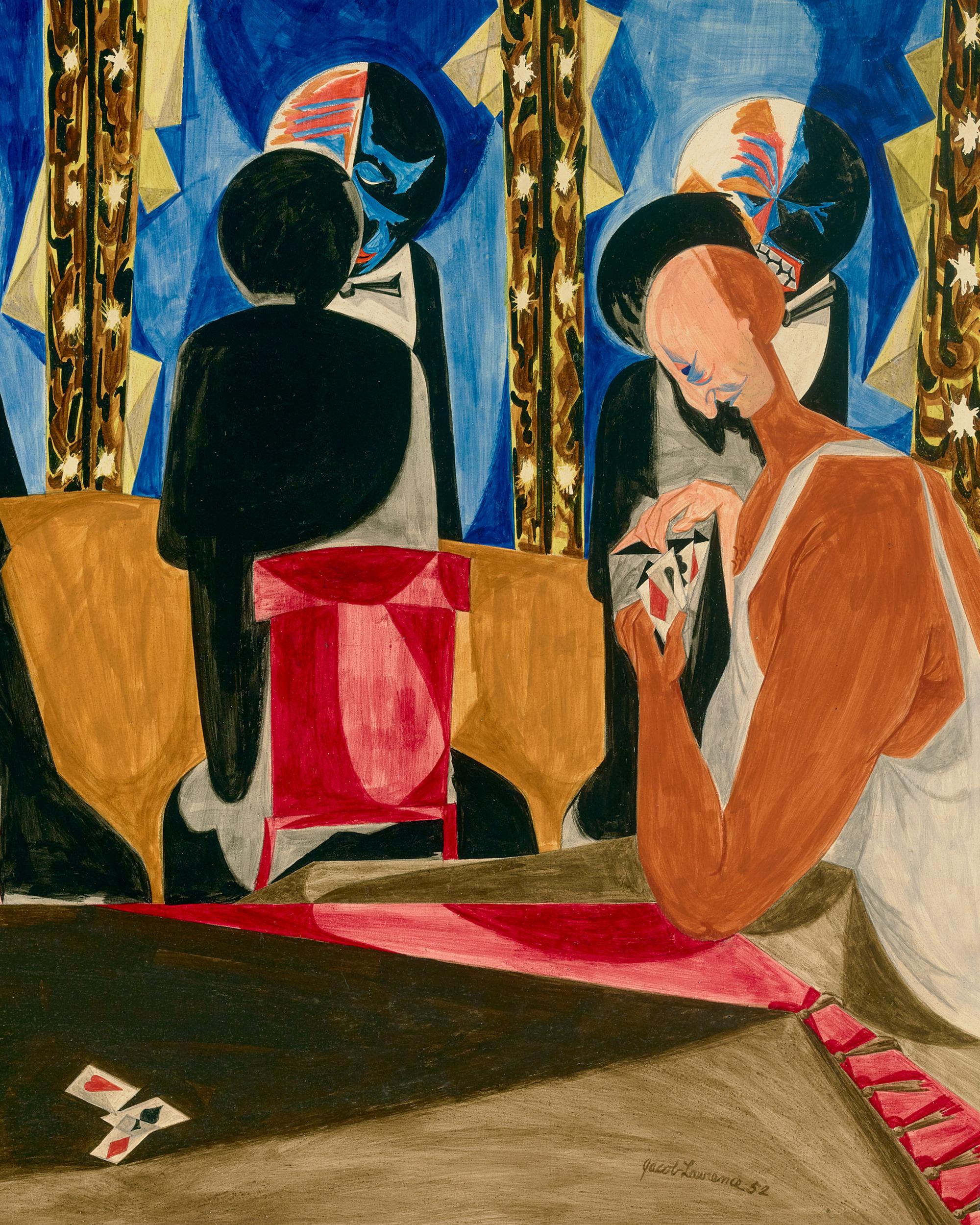 Jacob Lawrence
1917-2000  American

Makeup

Signed (lower right)
Tempera on board

Inspired by the famed Apollo Theatre in Harlem, Jacob Lawrence’s masterpiece Makeup brings viewers behind the scenes to the dressing room as the African-American