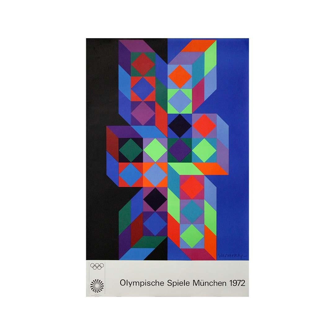 A striking fusion of modernist aesthetics and Olympic spirit, this 1972 original poster by Victor Vasarely stands out as one of the most iconic contributions to the visual identity of the Munich Games. As the father of Op Art, Vasarely brought his