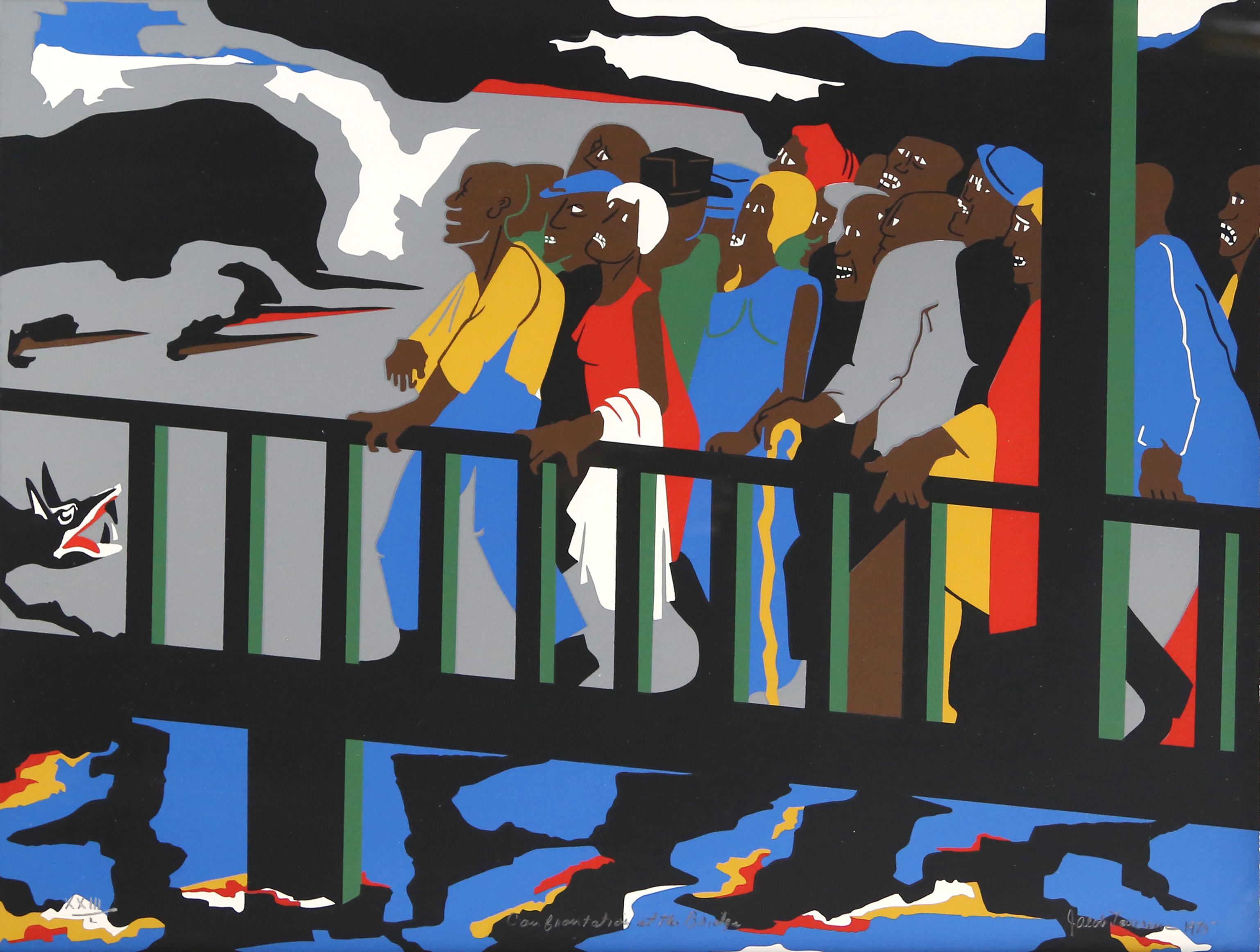 In this signed print by Black American artist Jacob Lawrence, a group of protestors marches across a bridge with expressions of fear and trepidation. Below them churns a tumultuous river, and in the path before them stands a snarling black dog, its