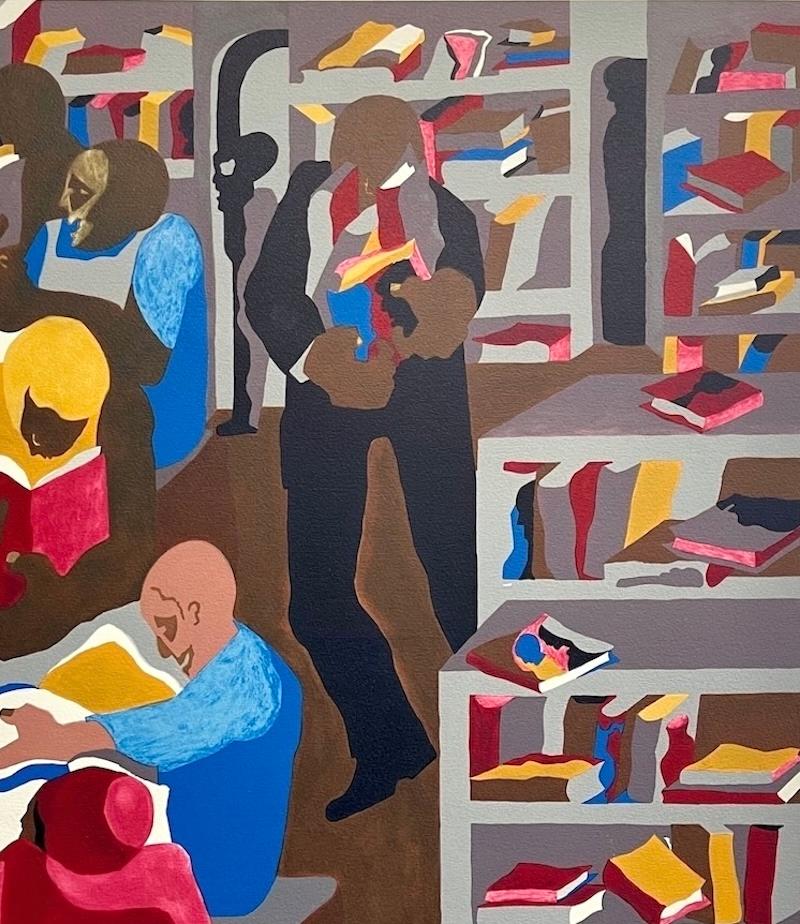 BIBLIOTECA DI SCHOMBURG 1986 Litografia, Storia afroamericana, Cultura nera - Figurative Print Marrone di Jacob Lawrence