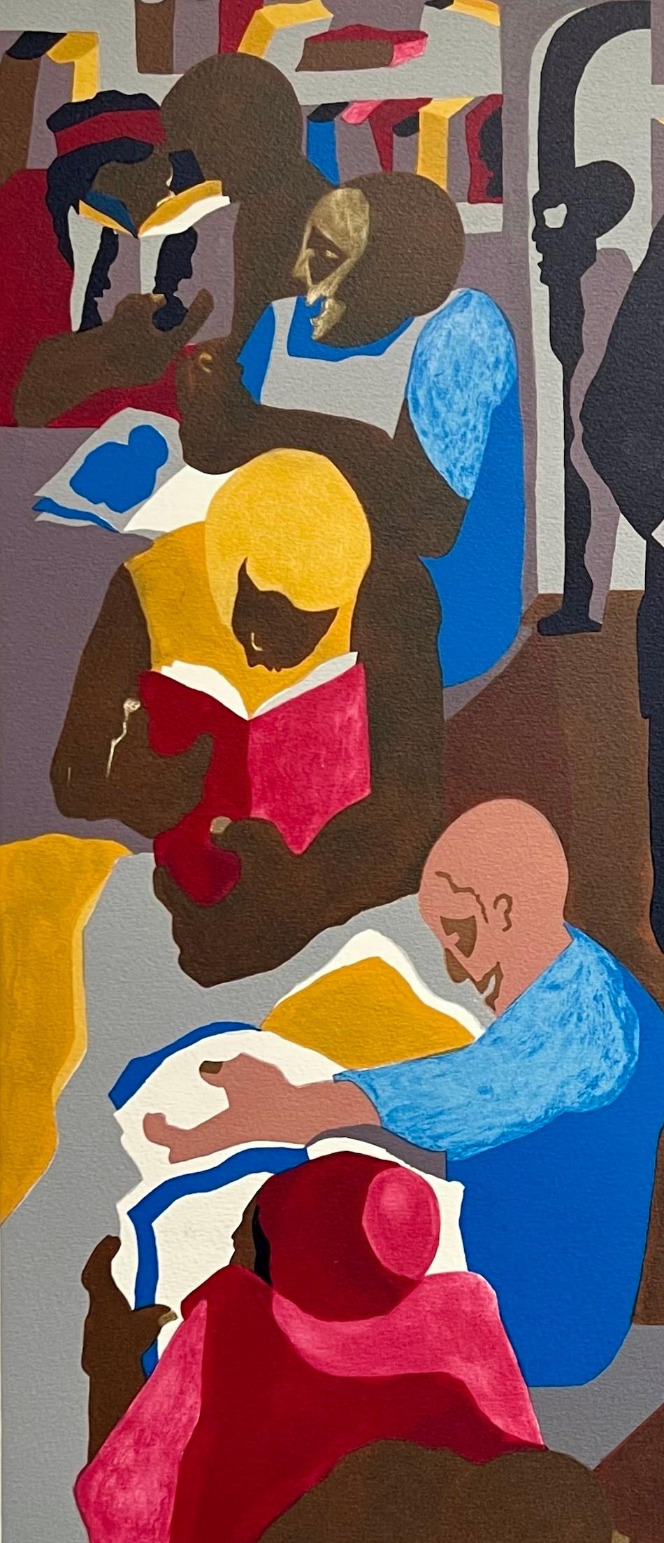 SCHOMBURG LIBRARY è una litografia disegnata a mano, in edizione limitata, stampata con i metodi tradizionali della litografia a mano su carta da stampa Arches d'archivio, 100% priva di acidi, dal famoso artista afroamericano Jacob Lawrence.