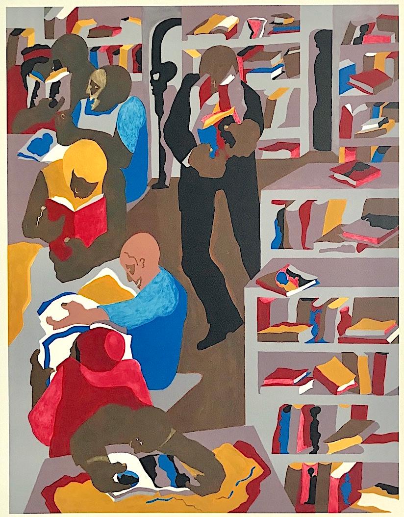 Jacob Lawrence Interior Print - SCHOMBURG LIBRARY Lithograph, African American History, Black Culture, Books
