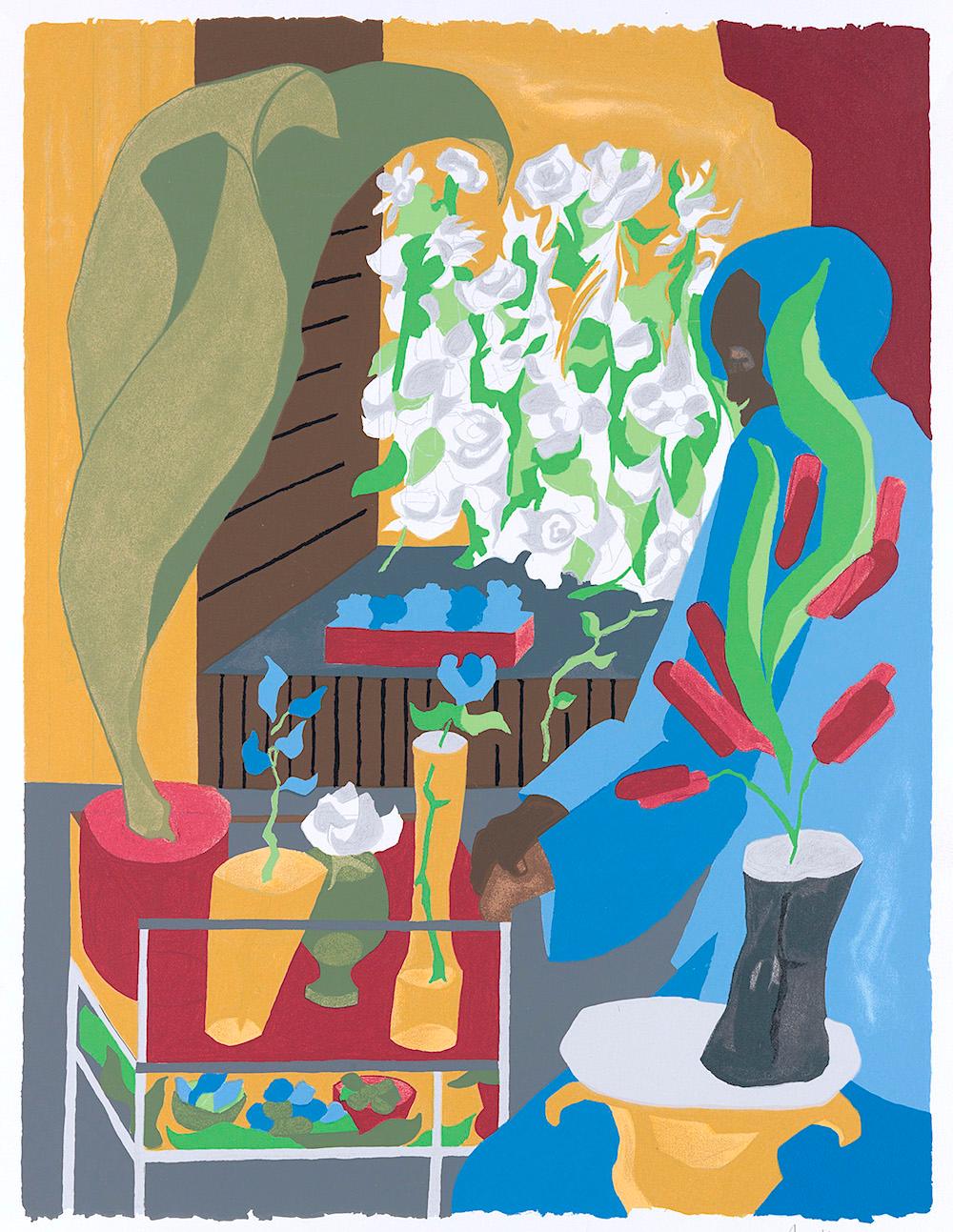 Jacob Lawrence Interior Print - SUPERMARKET FLORA Signed Serigraph, Black Woman Flower Shopping, Matte Colors