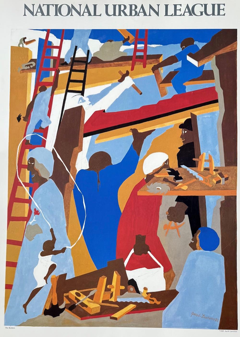 THE BUILDERS 1985 National Urban League, 1ère édition, hommes travaillant dans la construction - Print de Jacob Lawrence