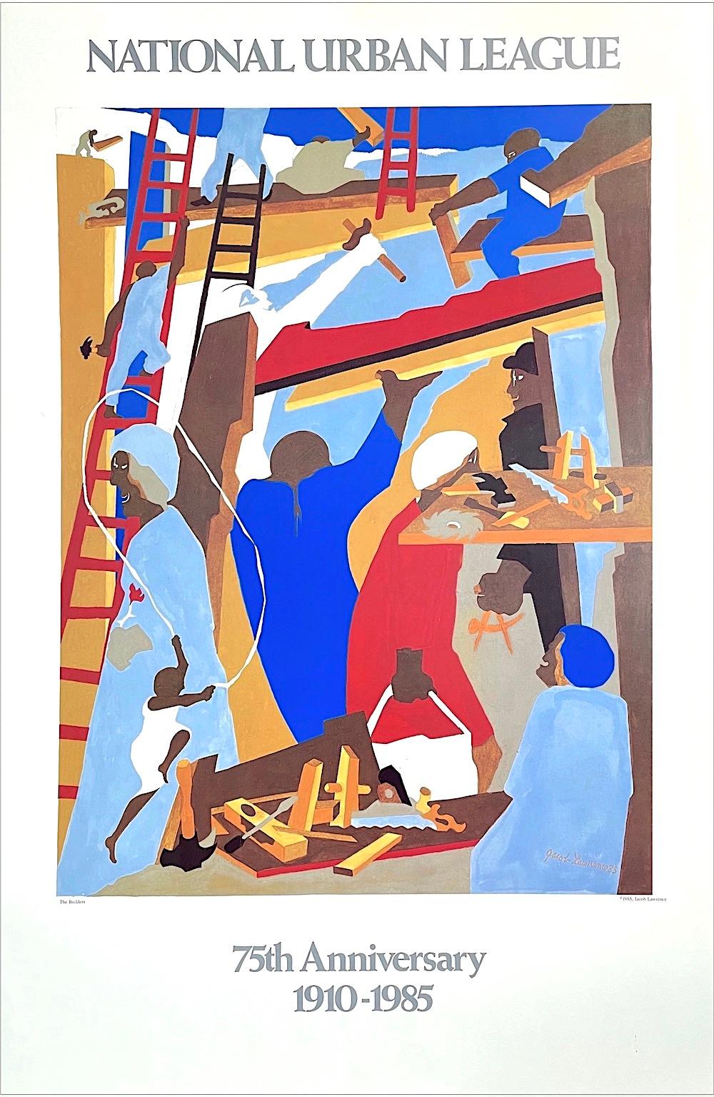 Jacob Lawrence Portrait Print - THE BUILDERS 1985 National Urban League, 1st Edition, Men Working Construction