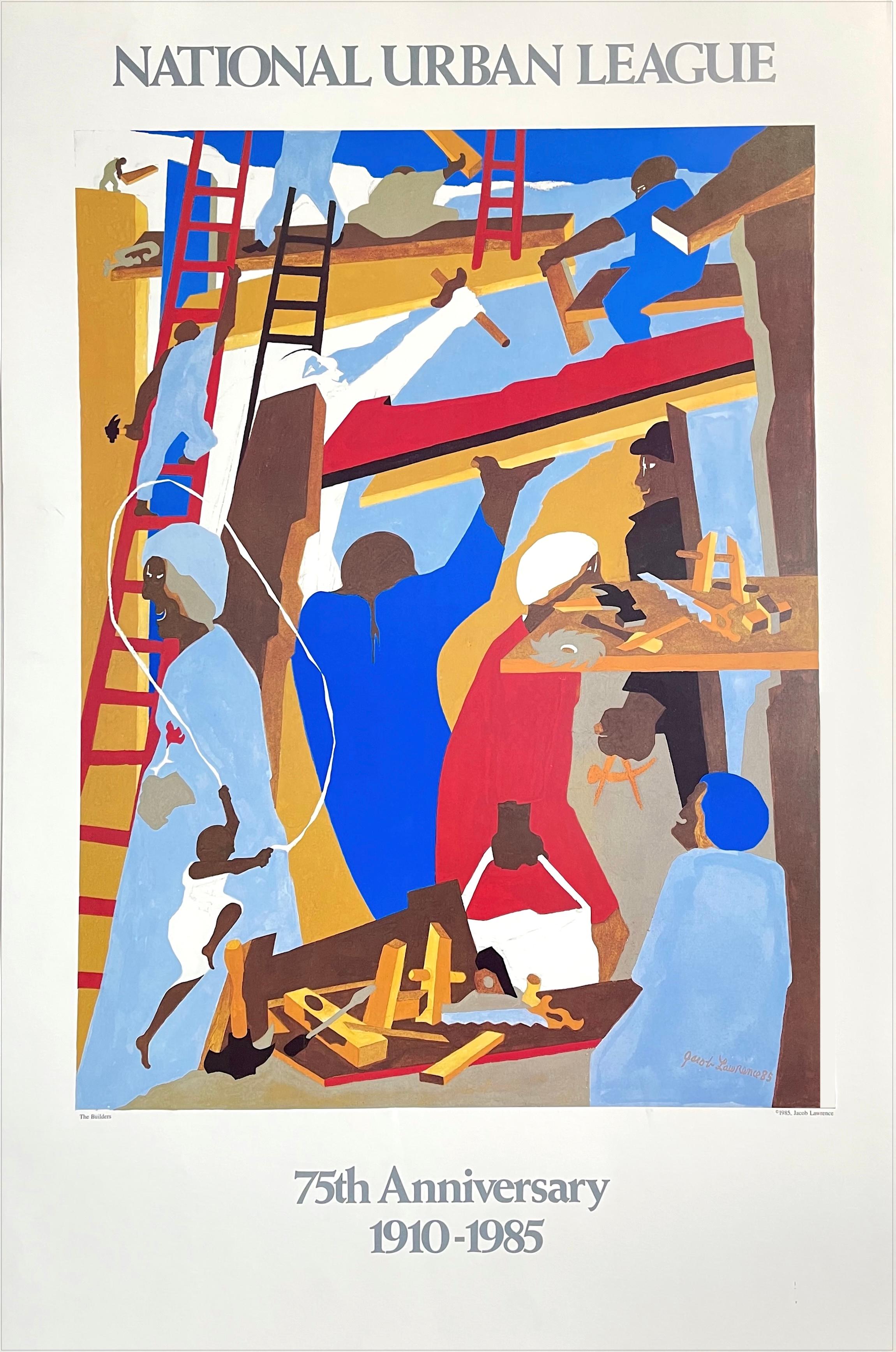 Jacob Lawrence Portrait Print - THE BUILDERS 1985 National Urban League, 1st Edition, Men Working Construction