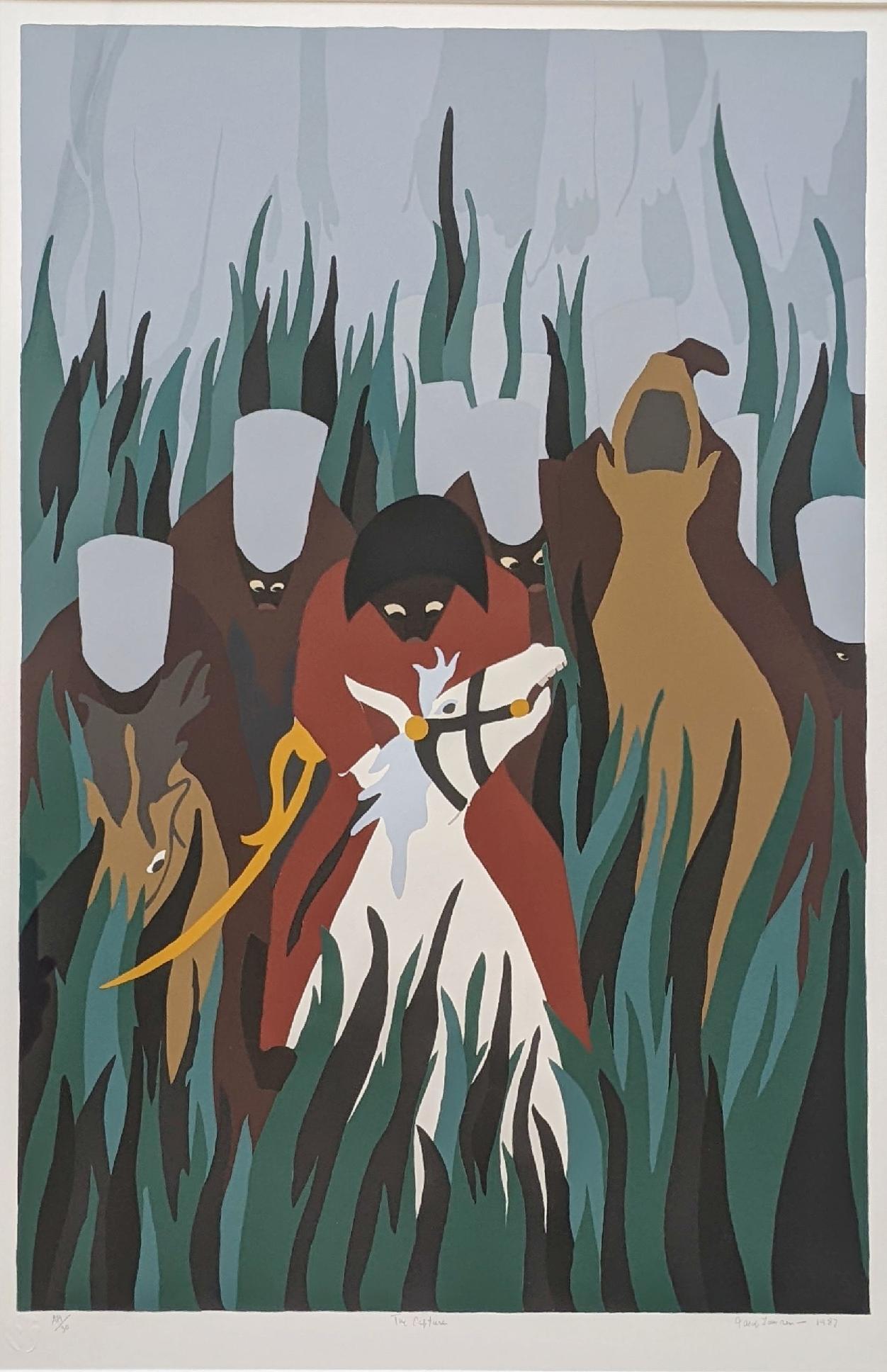 Jacob Lawrence (1917 - 2000)
Die Wappenkappe von Marmelade (aus der Serie The Life of Toussaint L'Ouverture), 1987
Farbefarbener Siebdruck auf Bainbridge Two Ply Rag-Papier
Blatt 32 1/8 x 22 1/16 Zoll
Höhe 29 3/4 x 19 1/4 Zoll
A/P 1/30, abgesehen