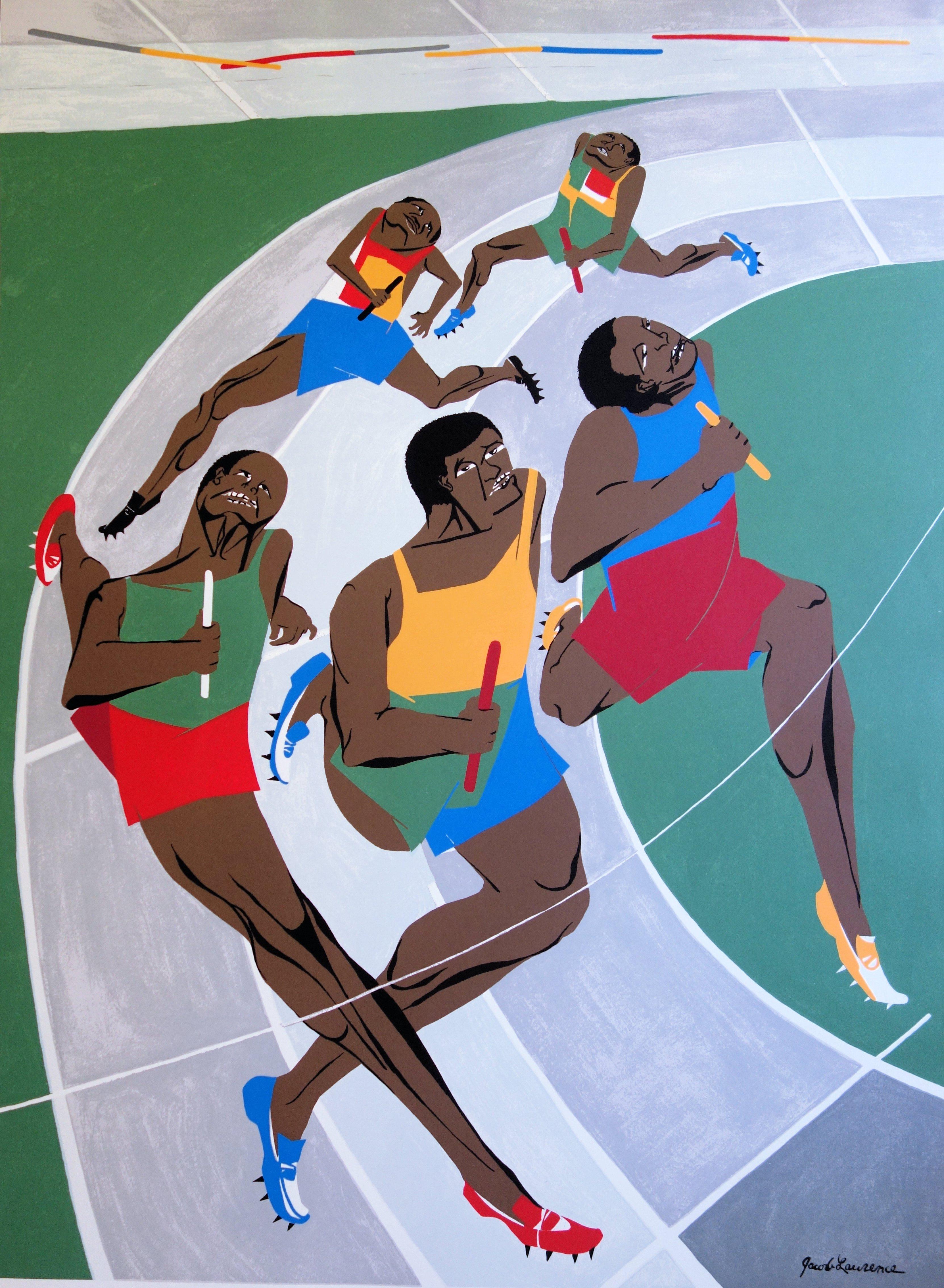 La staffetta: il passaggio del testimone - Litografia (Olimpiadi di Monaco 1972) - Print Moderno di Jacob Lawrence