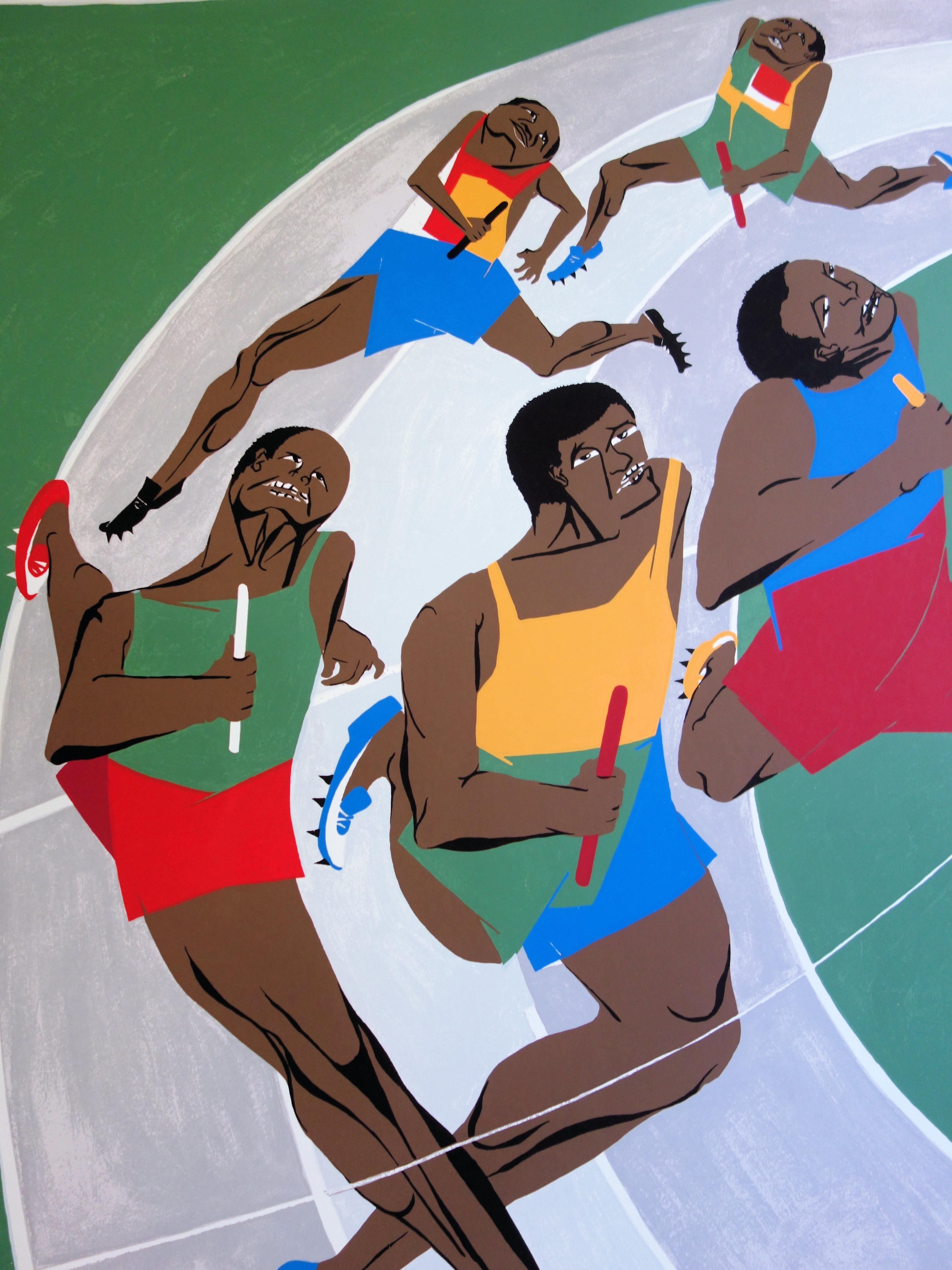 The Relay Race : Passing the Baton - Lithographie (Olympic Games Munich 1972) - Gris Abstract Print par Jacob Lawrence
