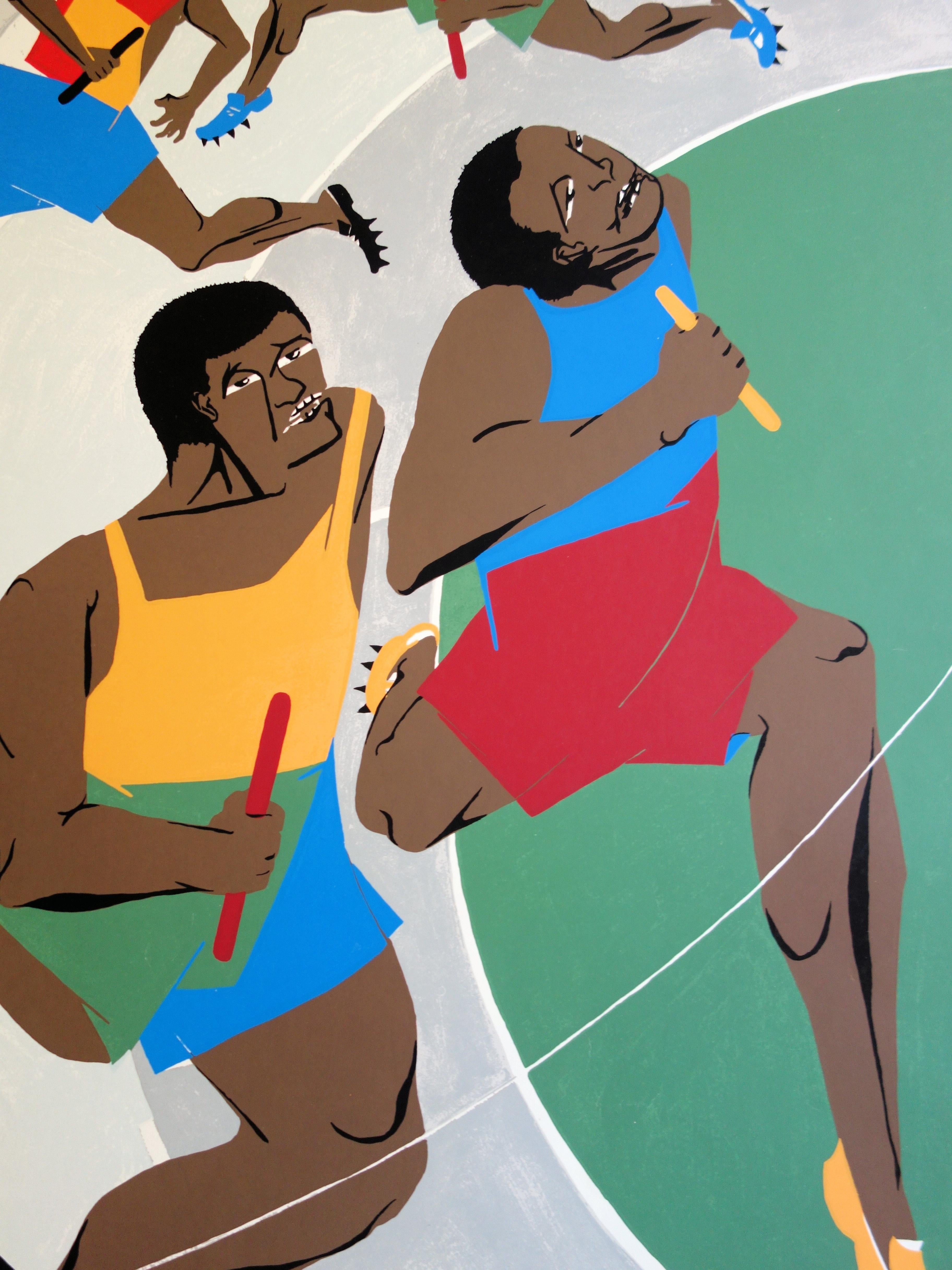 Jacob Lawrence
La course à relais : le passage du témoin

Affiche lithographiée
Signature imprimée dans la plaque
Sur papier épais 101 x 64 cm (c. 40 x 26 inch)
Réalisé pour les Jeux Olympiques de Munich, 1972

Excellent état