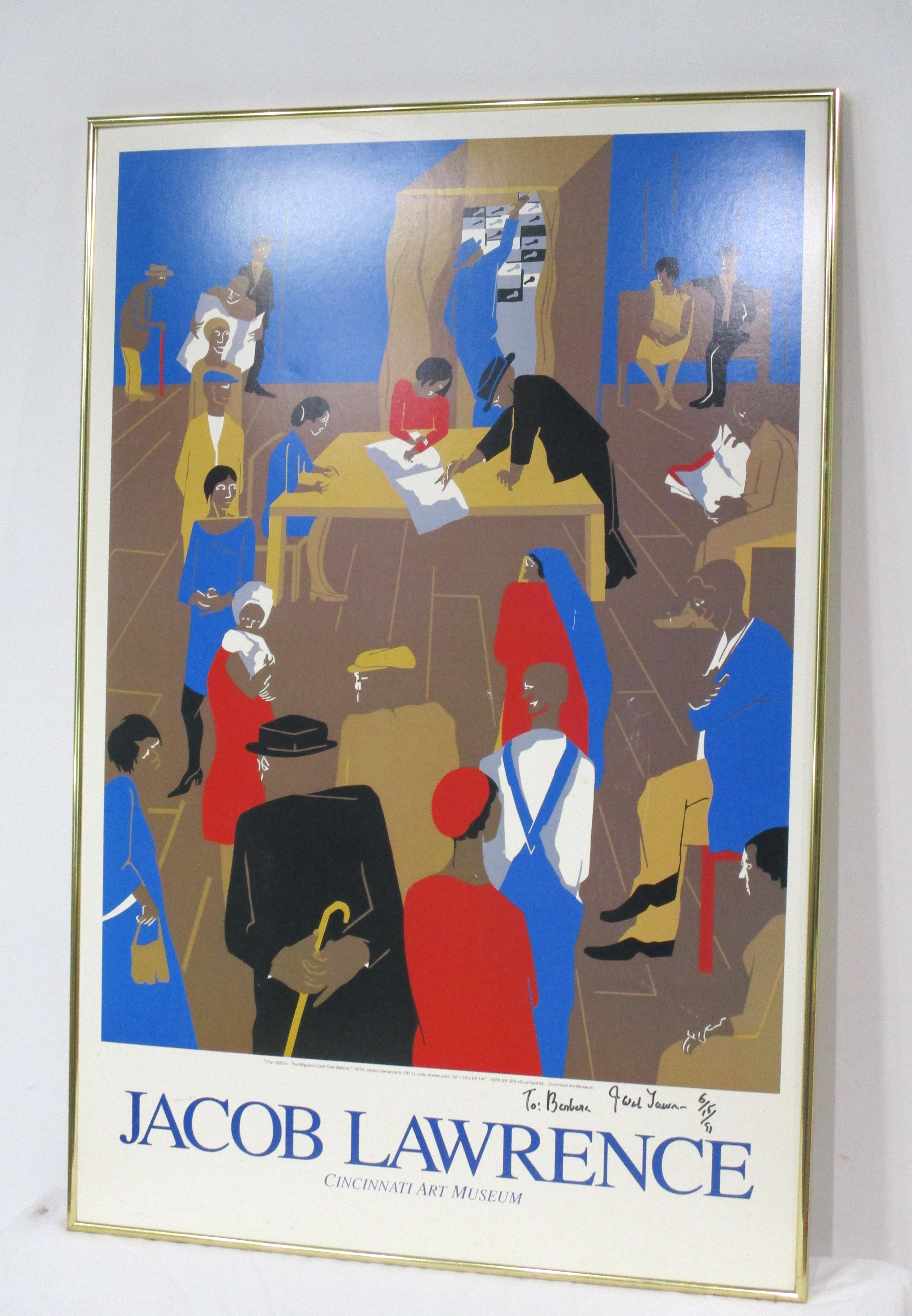 A poster by noted African American artist Jacob Lawrence for his exhibit at the Cincinnati Art museum . Lawrence known for his artistic history of black life in his America told in his art form which was contemporary and yet had the power to