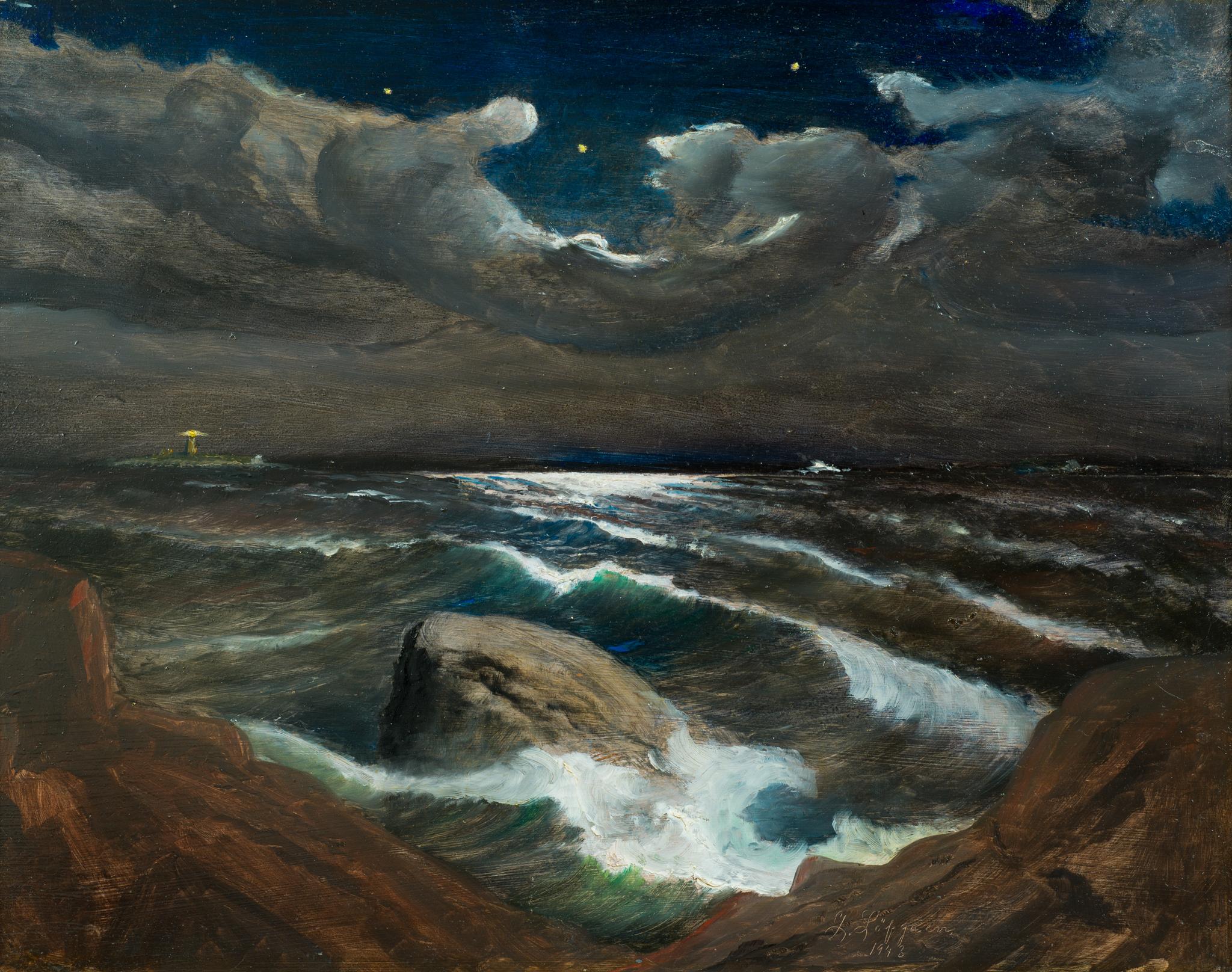 Drammatica tempesta su Sandhamn, Svezia, 1943 - Painting di Jacob Löfgren
