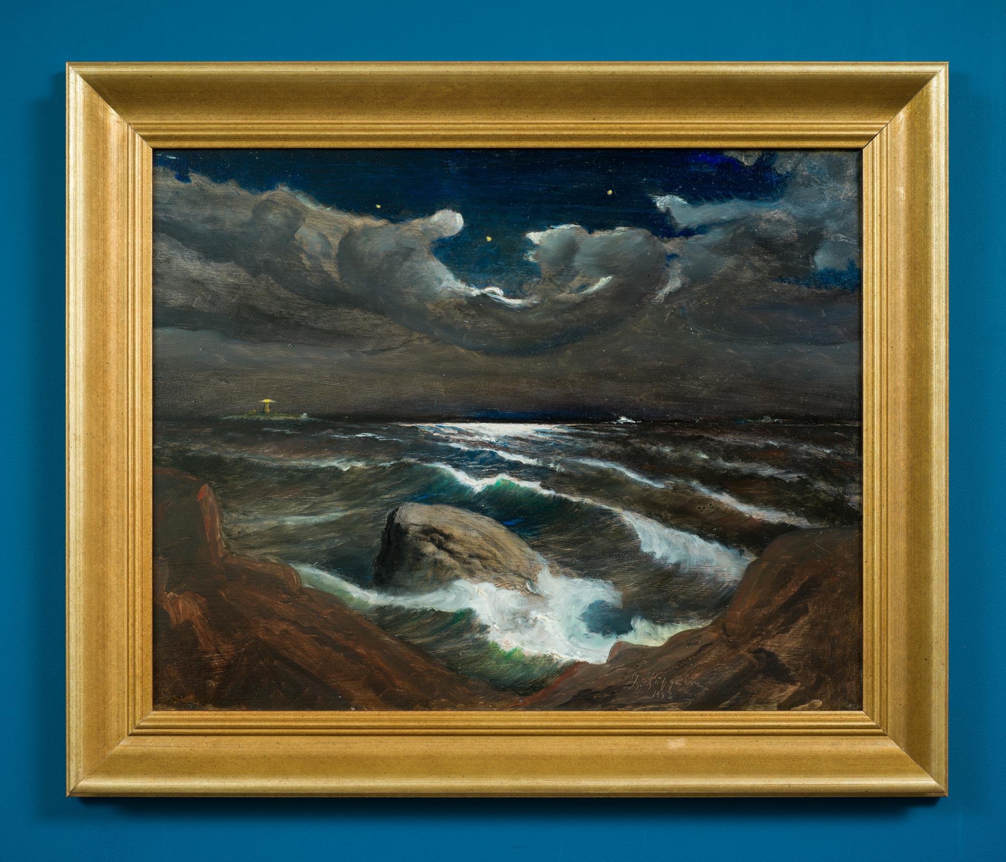 Drammatica tempesta su Sandhamn, Svezia, 1943 - Figurative Painting Nero di Jacob Löfgren