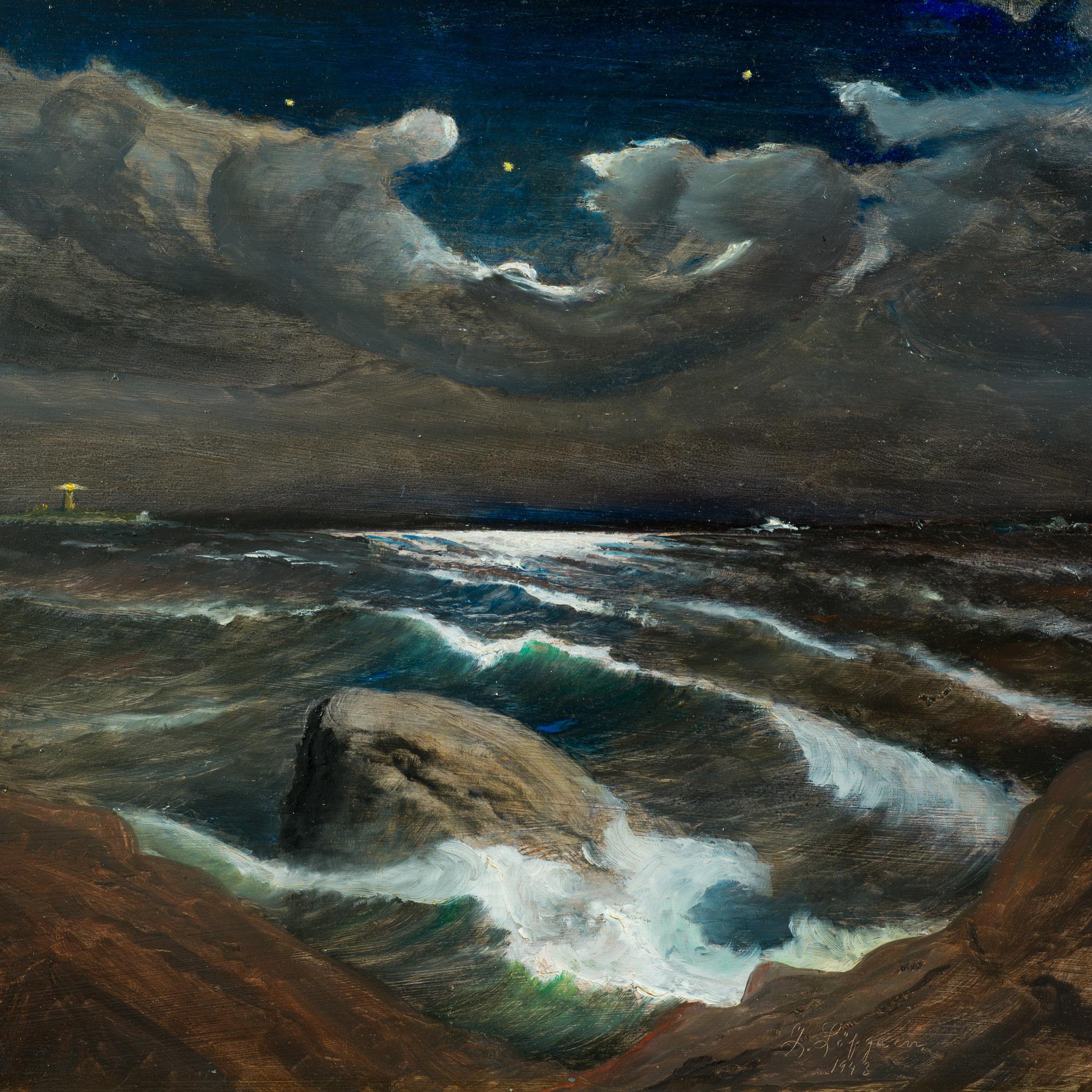 Questo suggestivo paesaggio marino, dipinto nel 1943 da Jacob Löfgren, raffigura molto probabilmente una vista da Sandhamn, una località che l'artista ha spesso immortalato nelle sue opere. Quattro anni prima realizzò un altro dipinto,