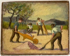 1950's French Modernist Oil Vier Männer bei der Arbeit auf dem Feld Superb Original
