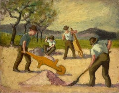Superbe original de style moderniste français des années 1950, Huile « Four Men Labouring in Fields » 