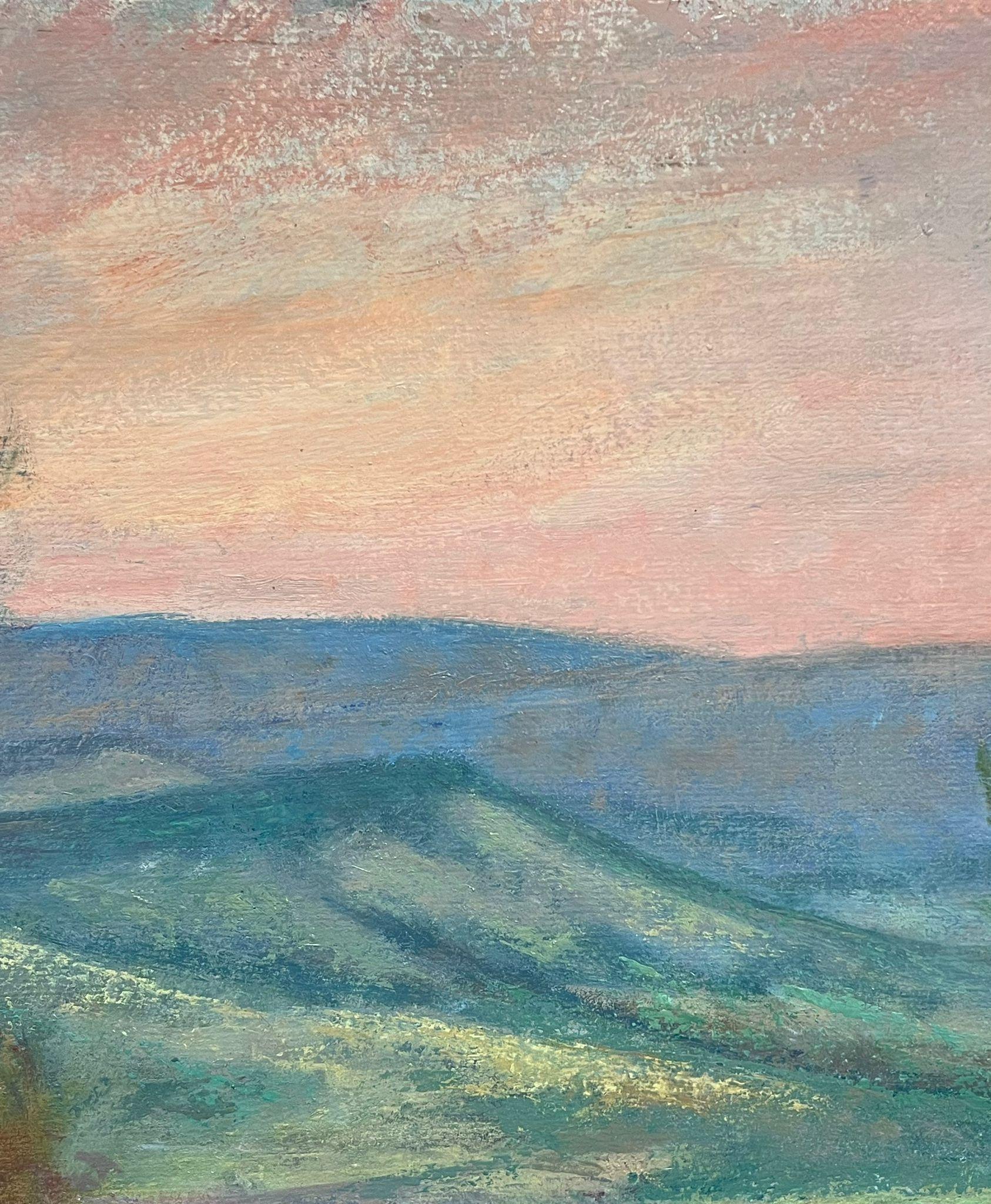 Pintura al óleo modernista francesa del siglo XX Paisaje brumoso de prados franceses en verano en venta 1