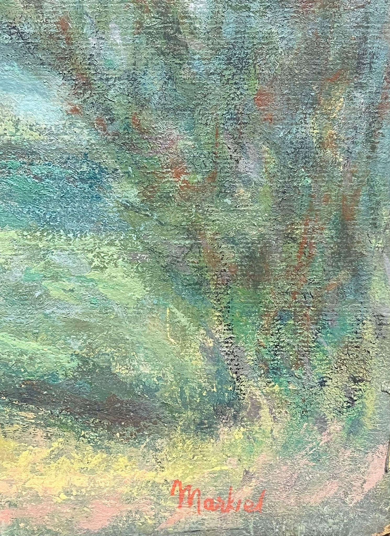 Pintura al óleo modernista francesa del siglo XX Paisaje brumoso de prados franceses en verano en venta 2