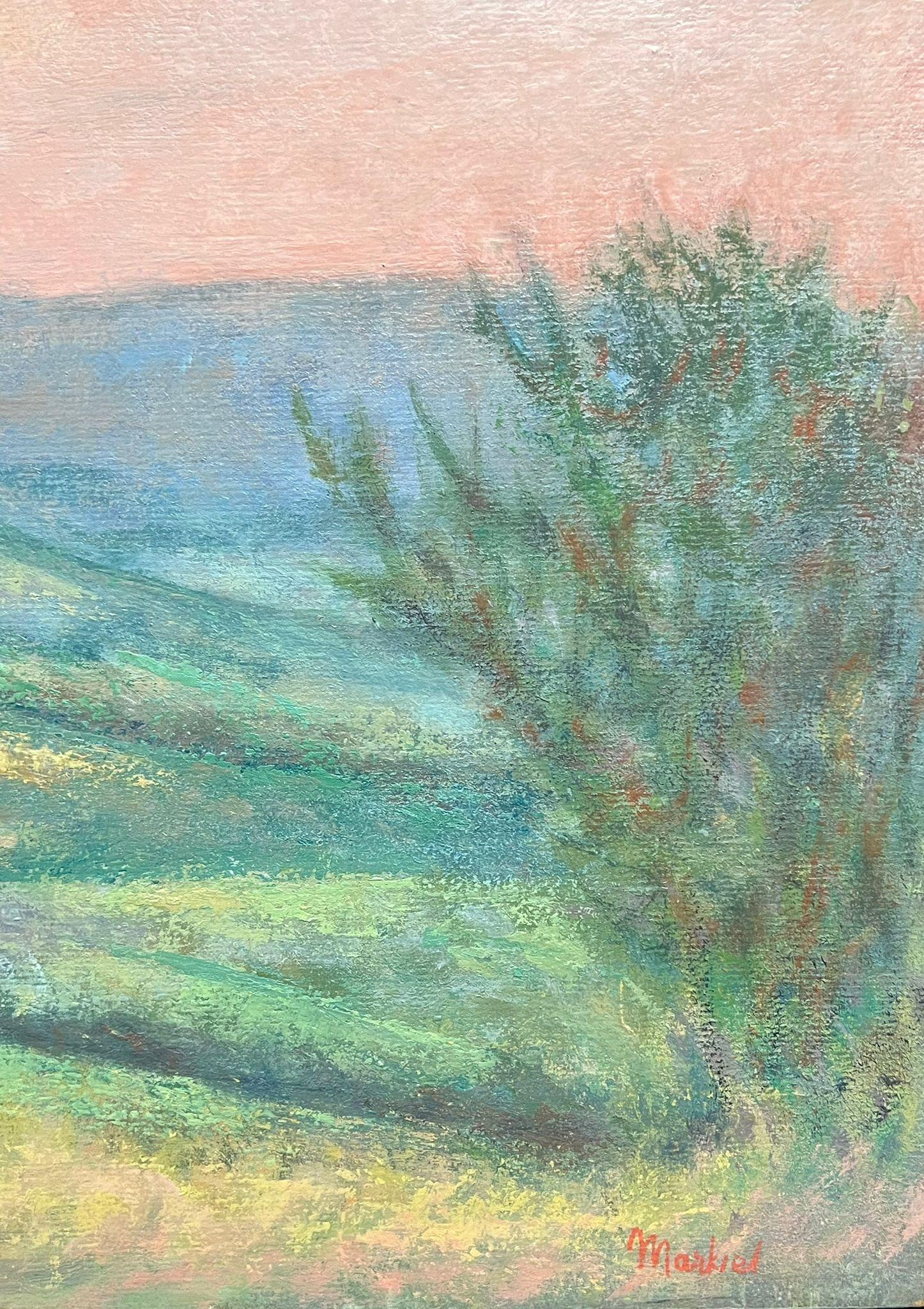 Pintura al óleo modernista francesa del siglo XX Paisaje brumoso de prados franceses en verano en venta 3