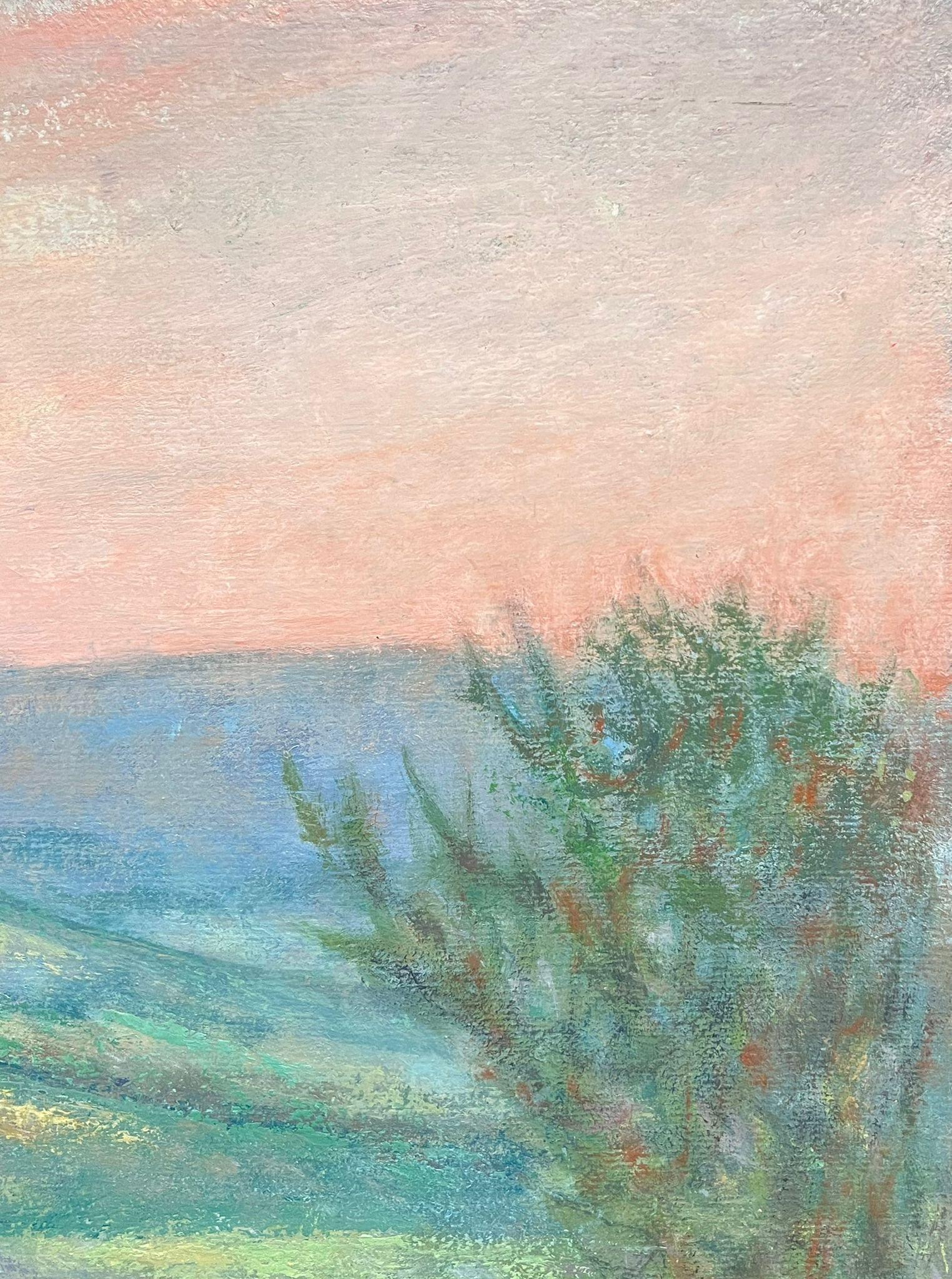 Pintura al óleo modernista francesa del siglo XX Paisaje brumoso de prados franceses en verano en venta 4