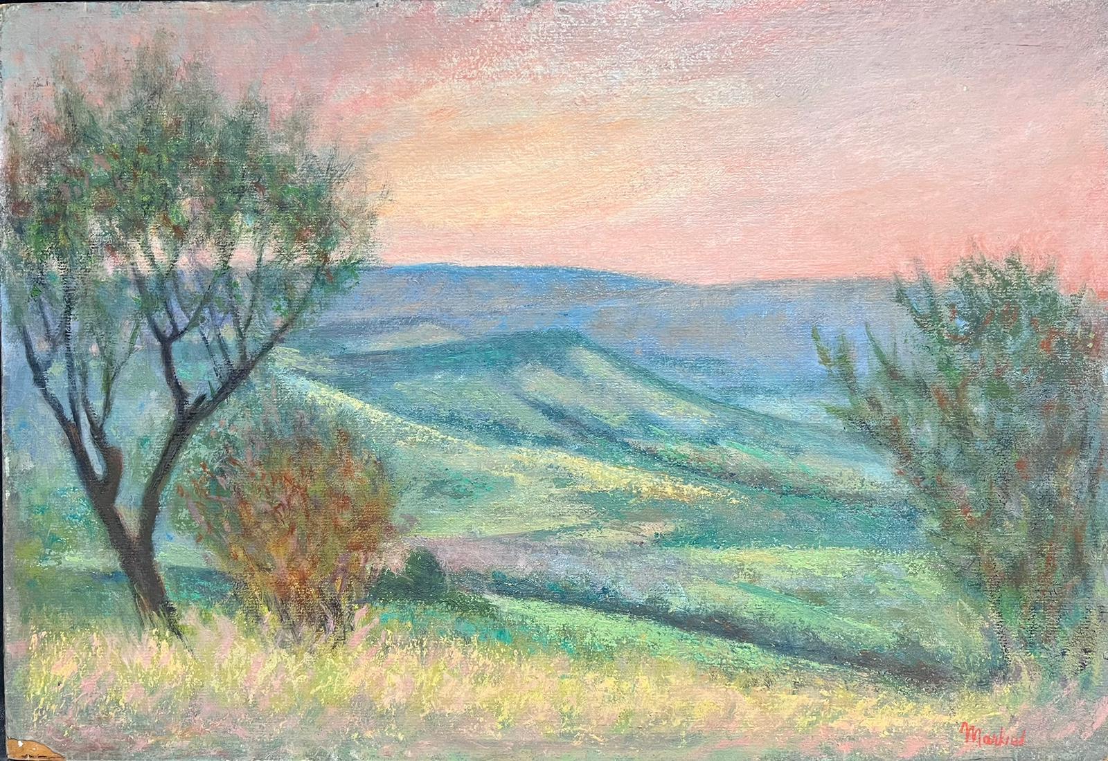 Jacob Markiel Landscape Painting - 20th Century French/ Polish Modernist Hazy Green Landscape Rural Fields