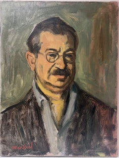 Vintage 20th Century Portrait of man with Glasses by listed Polish Artist Oil on Canvas