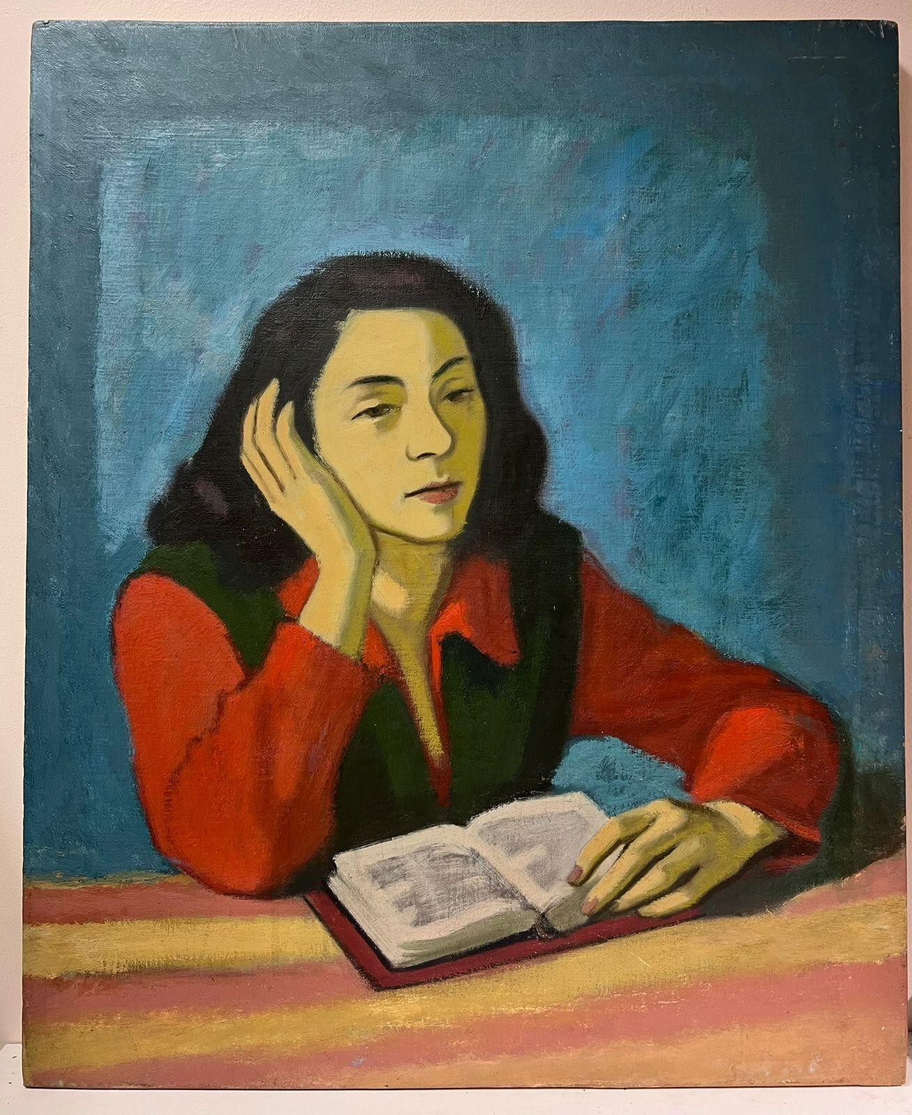 20th Century Portrait of Young Lady Reading a Book large oil painting - Painting by Jacob Markiel