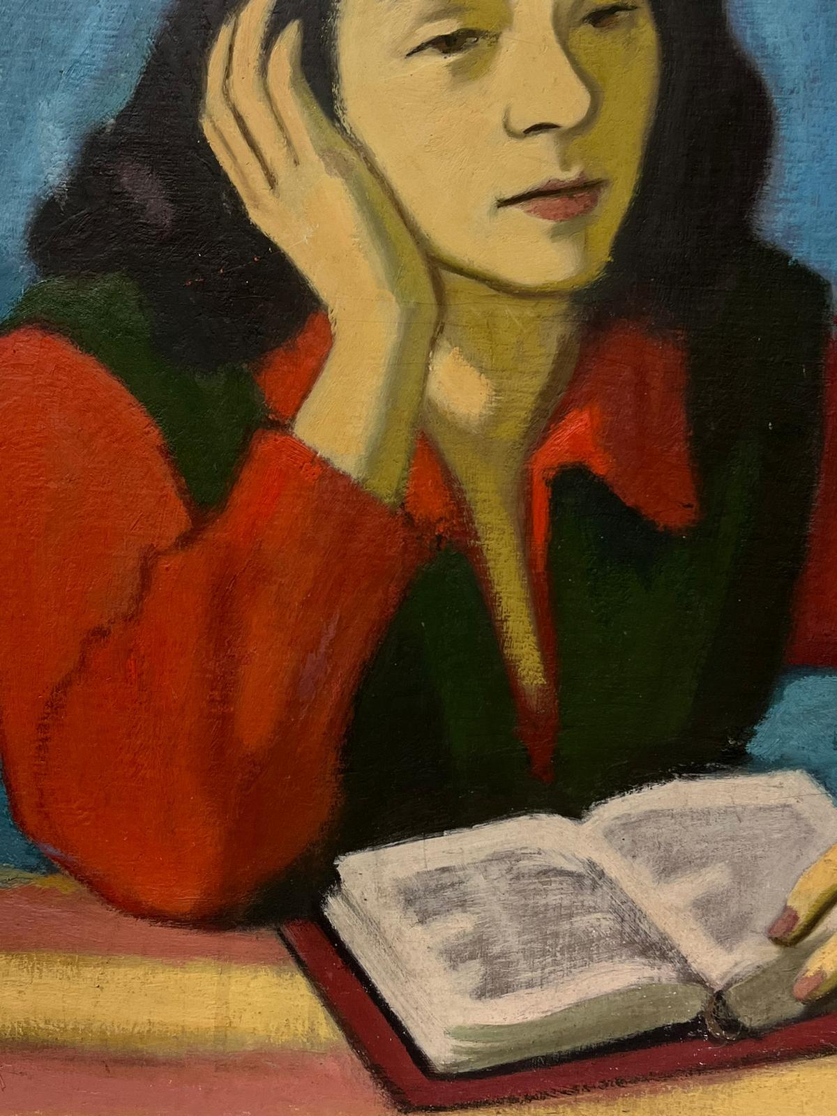 20th Century Portrait of Young Lady Reading a Book large oil painting - Modern Painting by Jacob Markiel