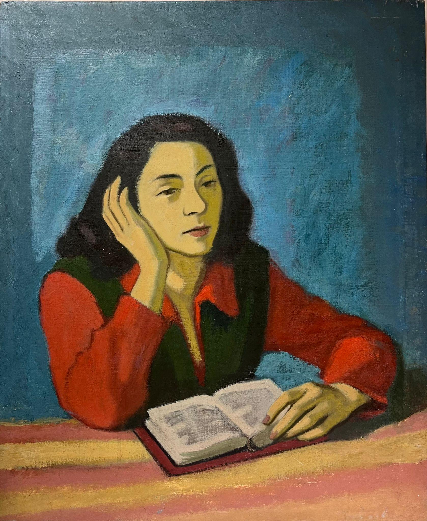 Portrait de jeune femme lisant un livre, grande peinture à l'huile du 20e siècle
