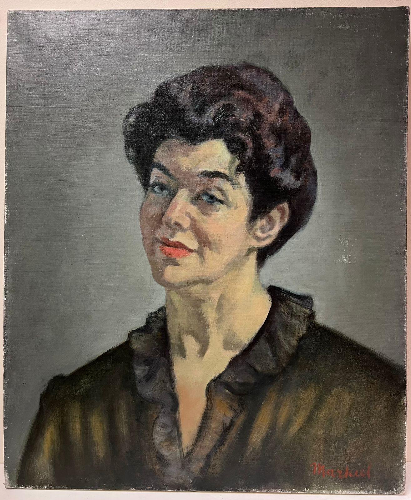 Large 20th Century French Portrait of Lady Oil Painting on Canvas - Gray Portrait Painting by Jacob Markiel