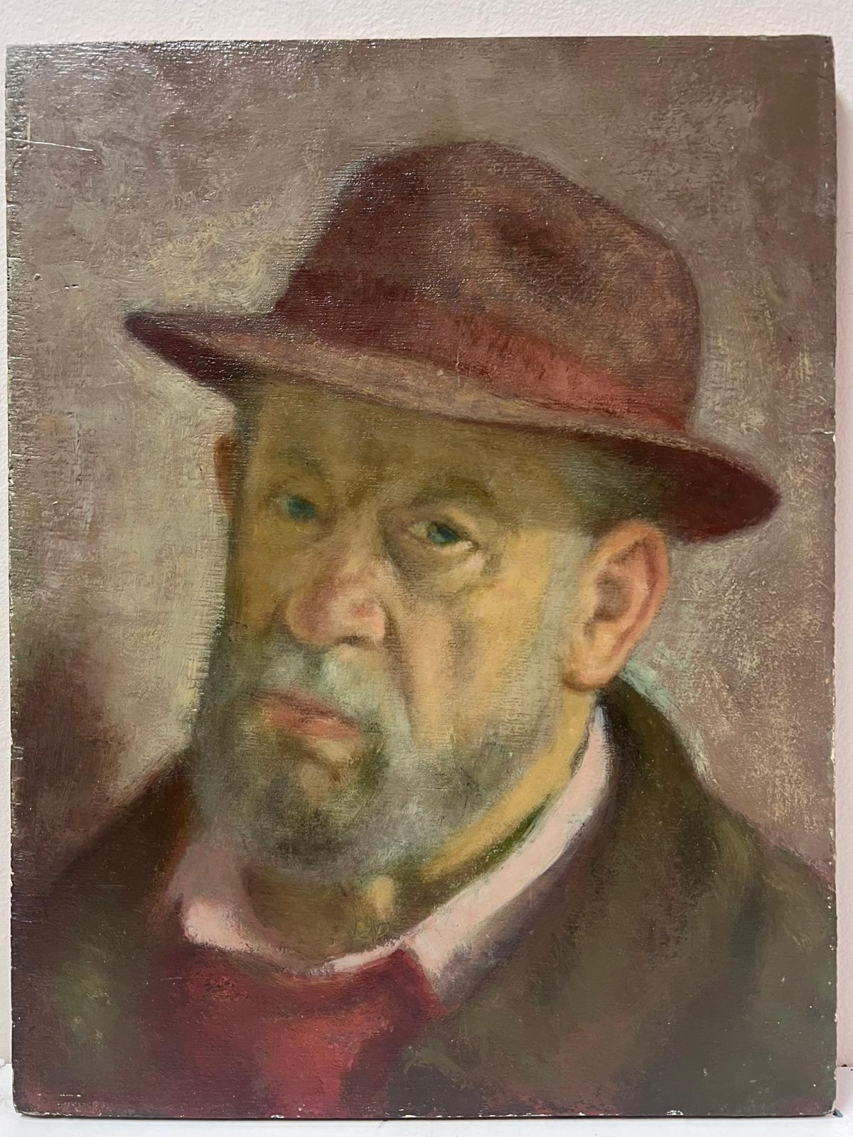 Mid 20th Century Portrait of Elderly Man with Beard Wearing Old Hat, oil paint - Painting by Jacob Markiel