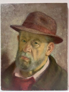 Mid 20th Century Portrait of Elderly Man with Beard Wearing Old Hat, oil paint