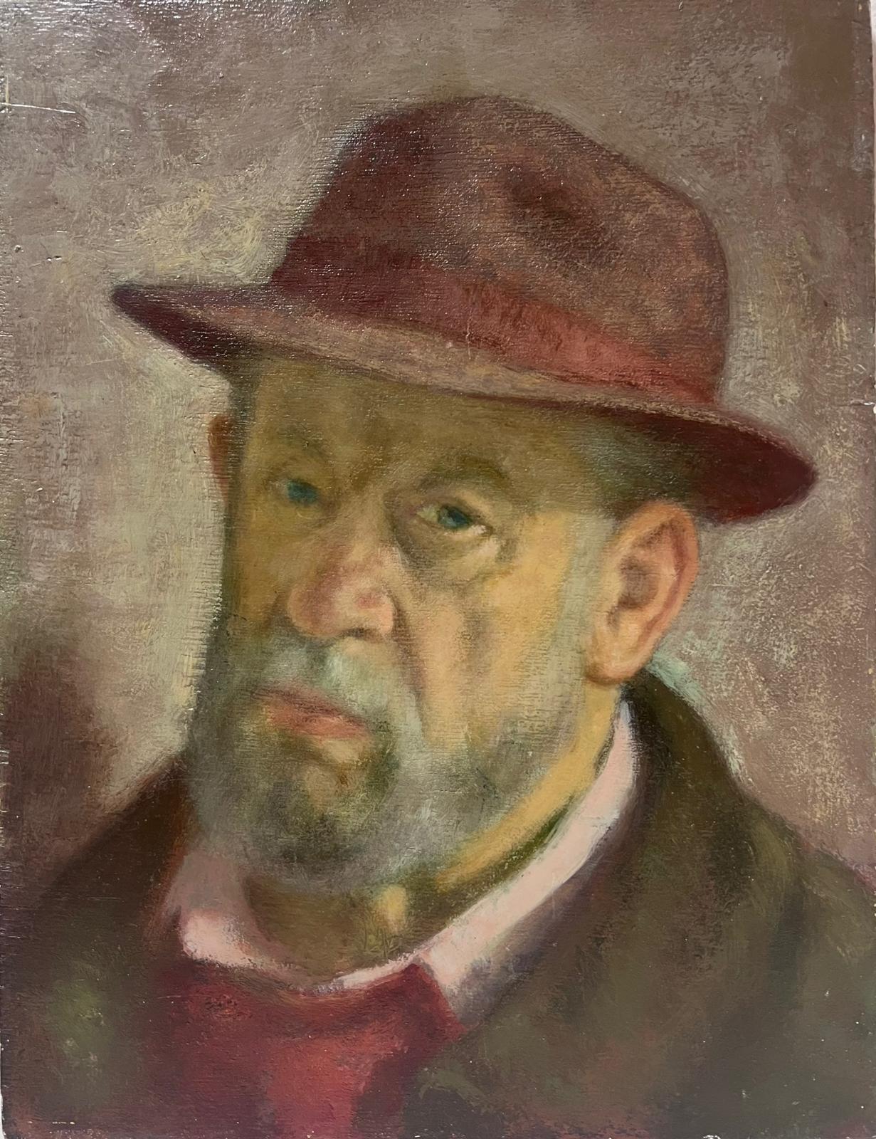 Jacob Markiel Figurative Painting - Mid 20th Century Portrait of Elderly Man with Beard Wearing Old Hat, oil paint