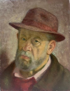 Mid 20th Century Portrait of Elderly Man with Beard Wearing Old Hat, oil paint